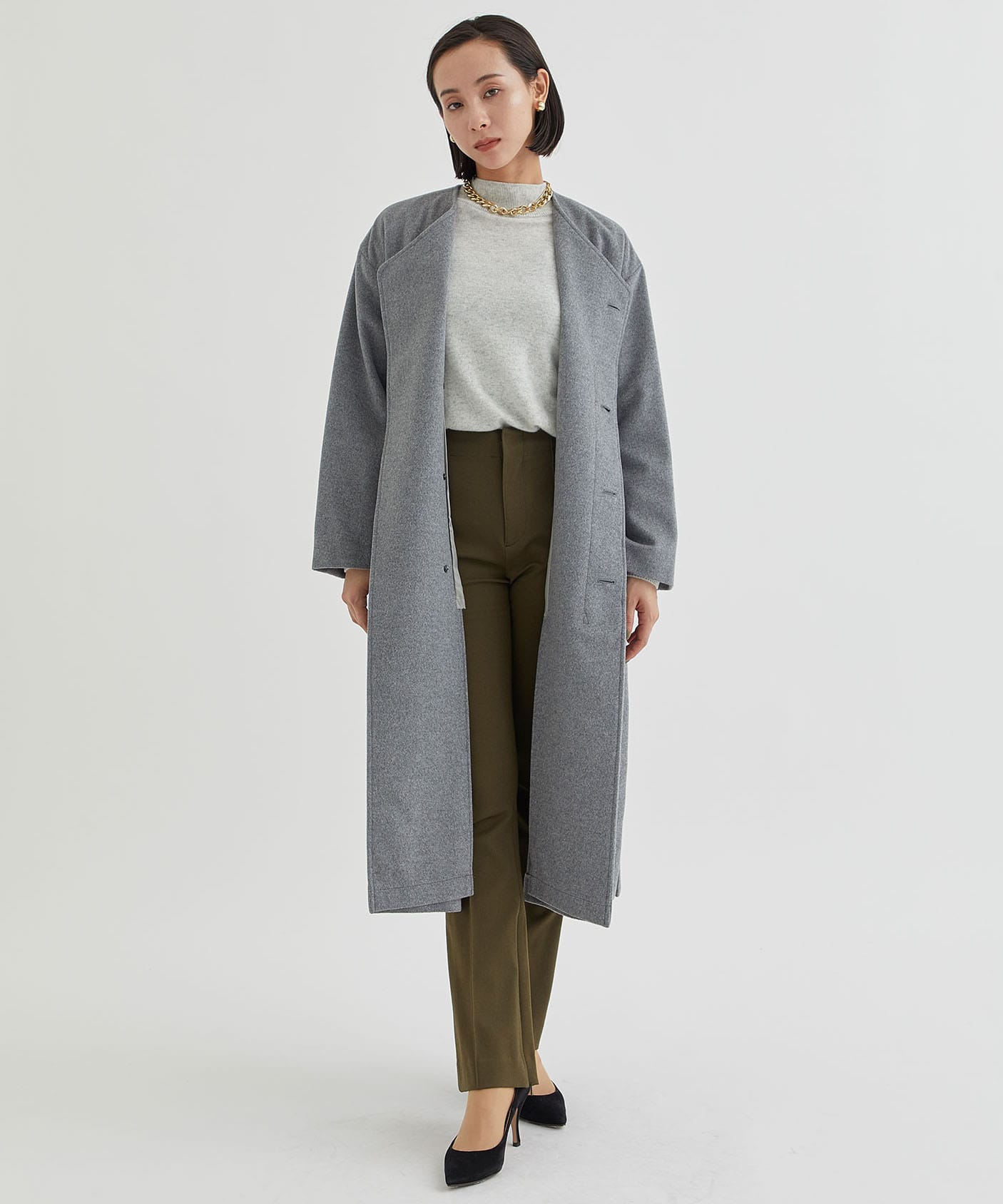 belted no collar wool coat
