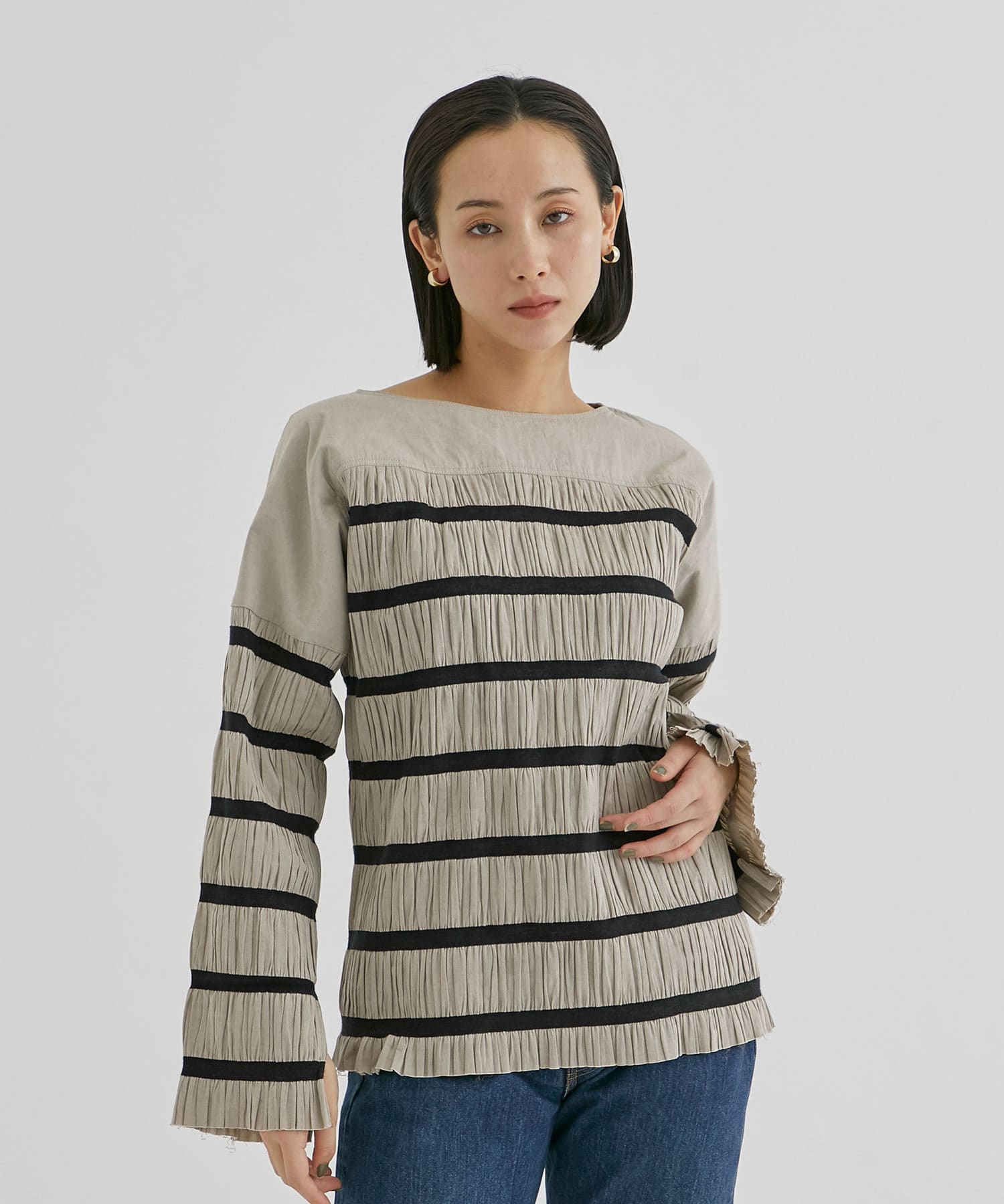 Shirring striped tops