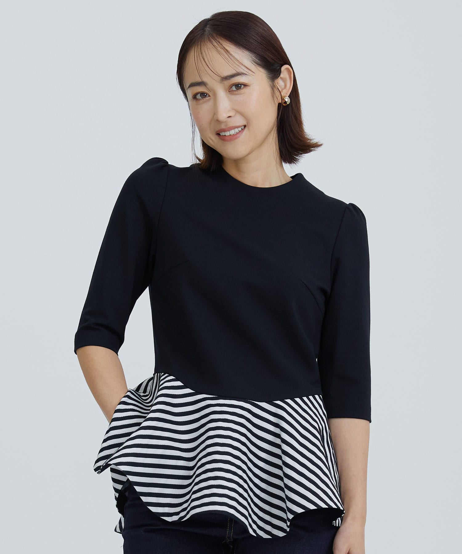 ボーダーズアットバルコニー PEPLUM LONG SLEEVE TEE 36-