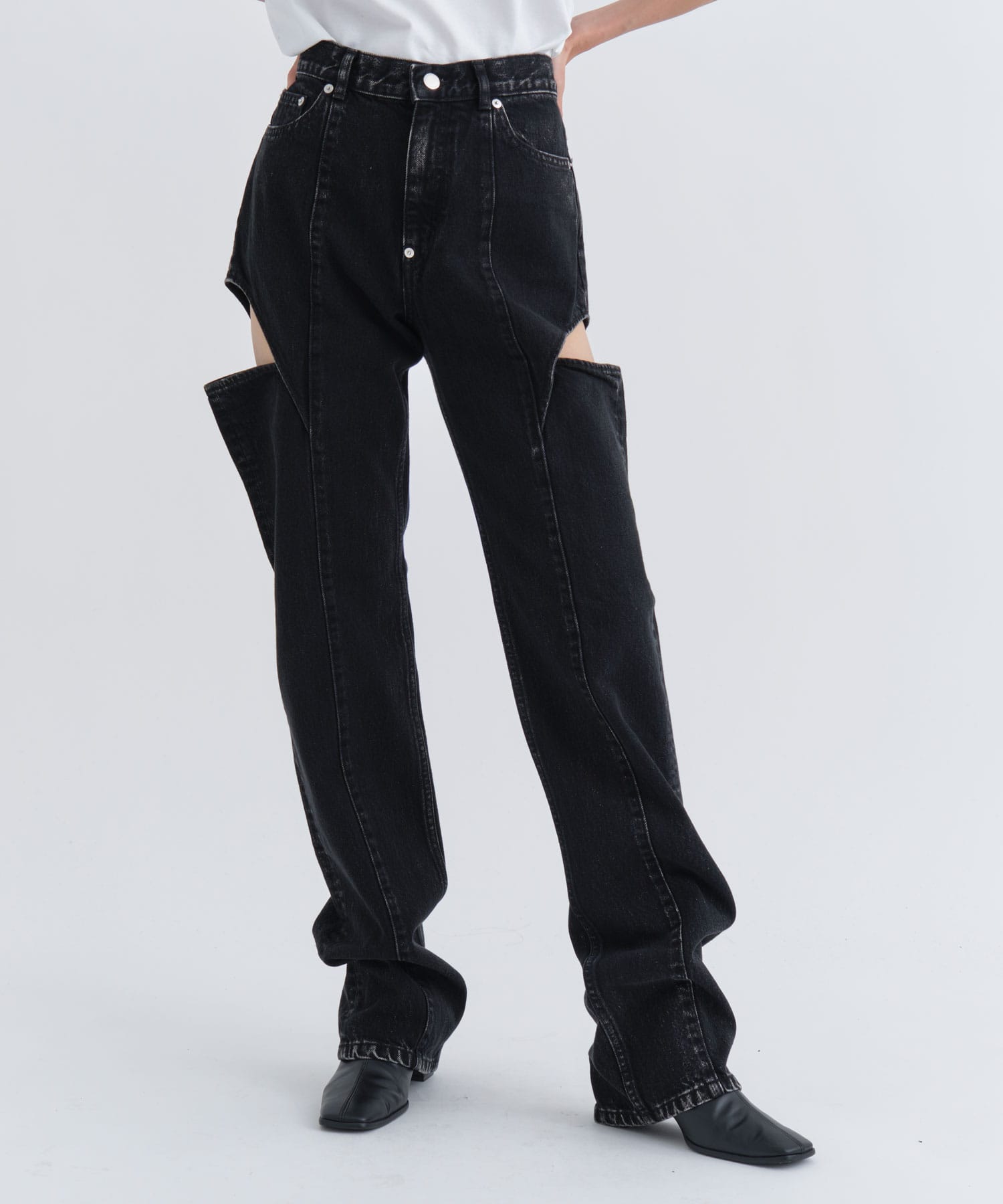 WASHED DENIM HOLLOWED OUT PANTS(XS BLACK): JOHN LAWRENCE SULLIVAN