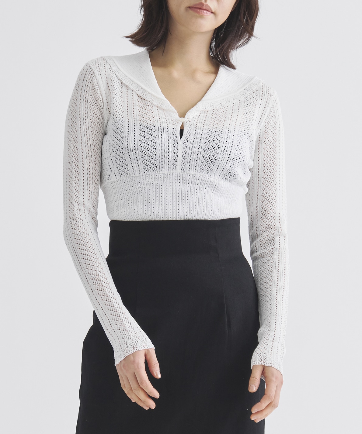 LACE KNIT SAILOR COLLAR BODYSUIT(1 BLACK): FETICO: WOMENS