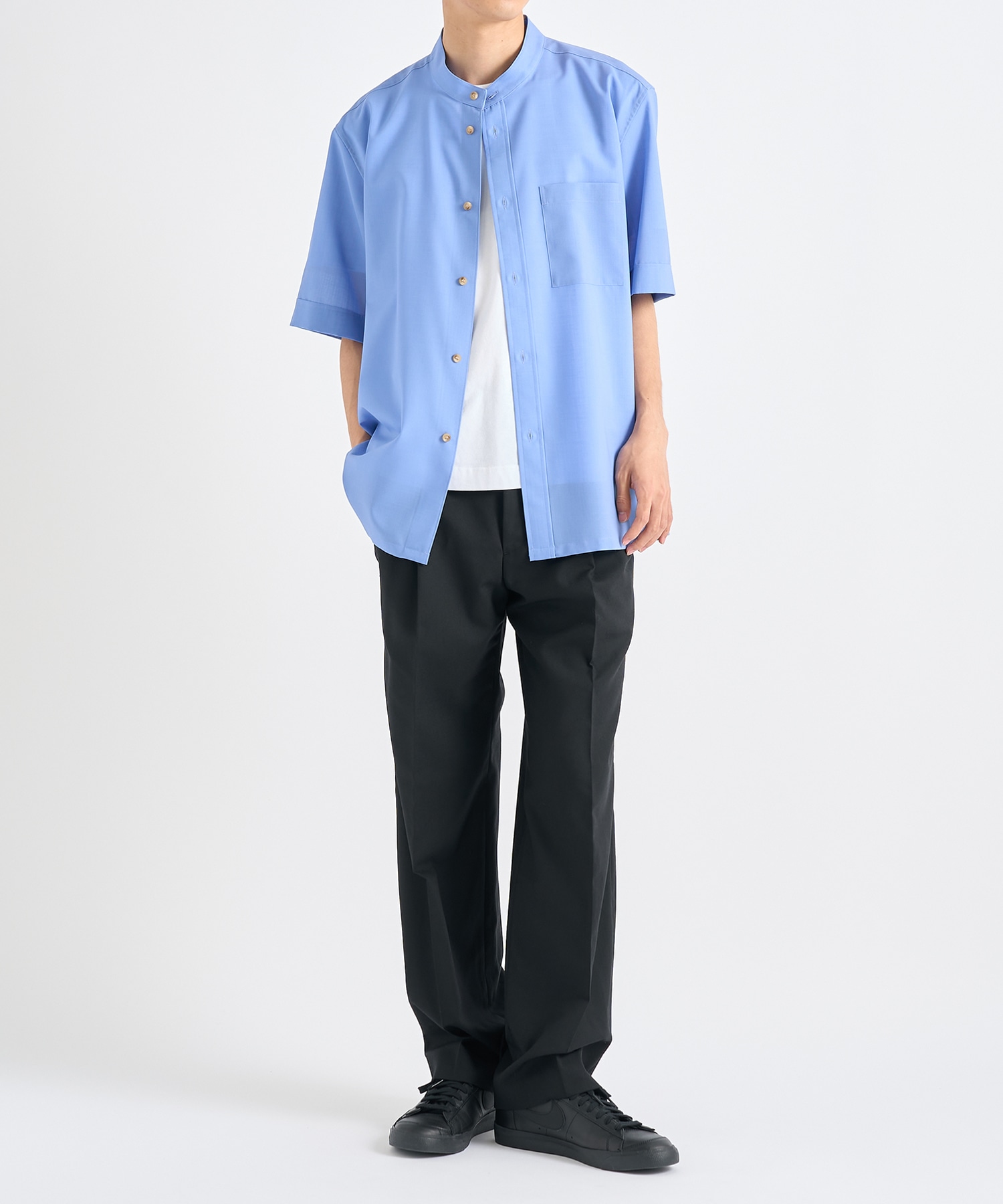 Active Washable Wool Band Collar S/S Shirt THE TOKYO