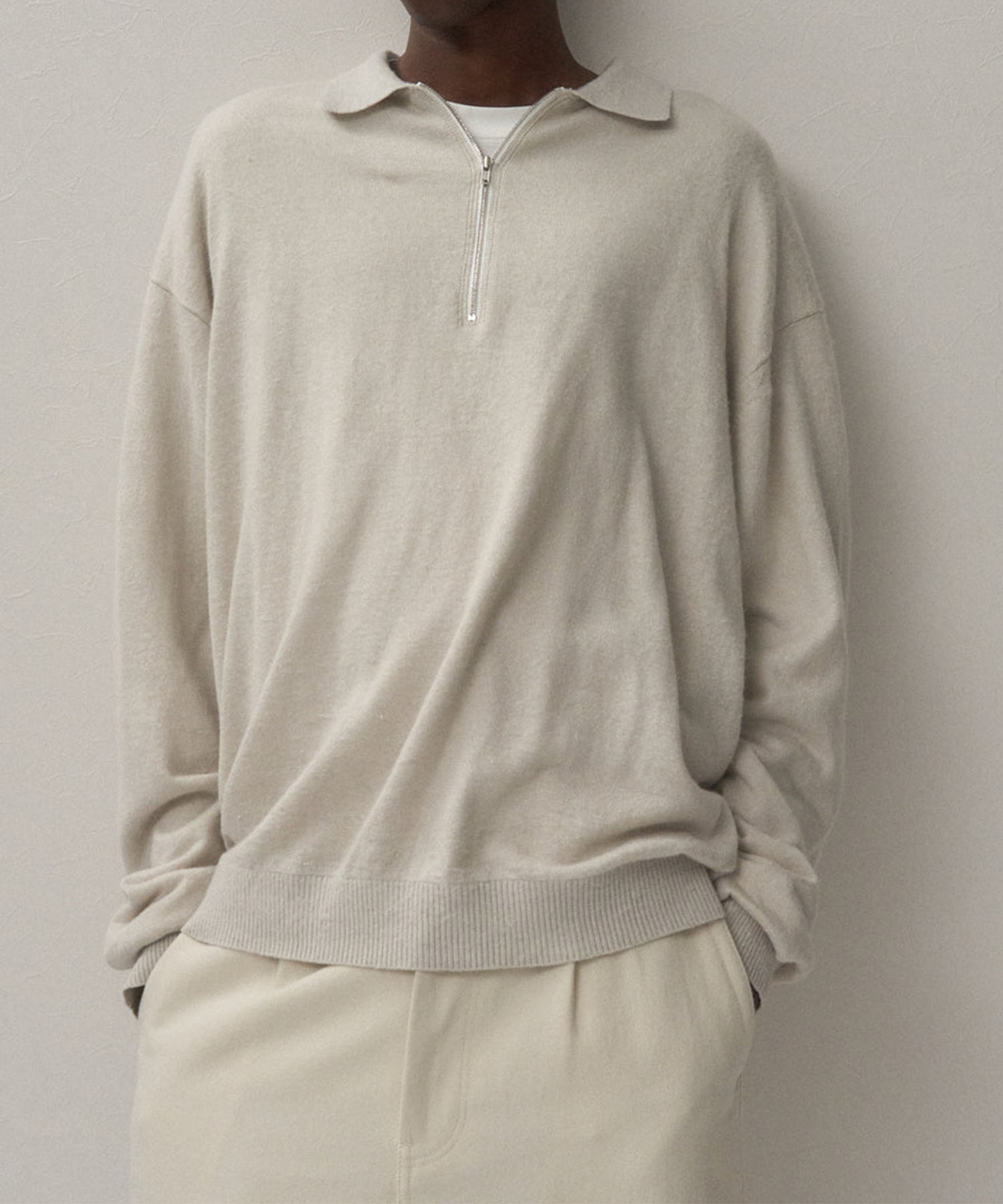 LINEN SHORT FUR ZIP UP POLO SWEATER ATON