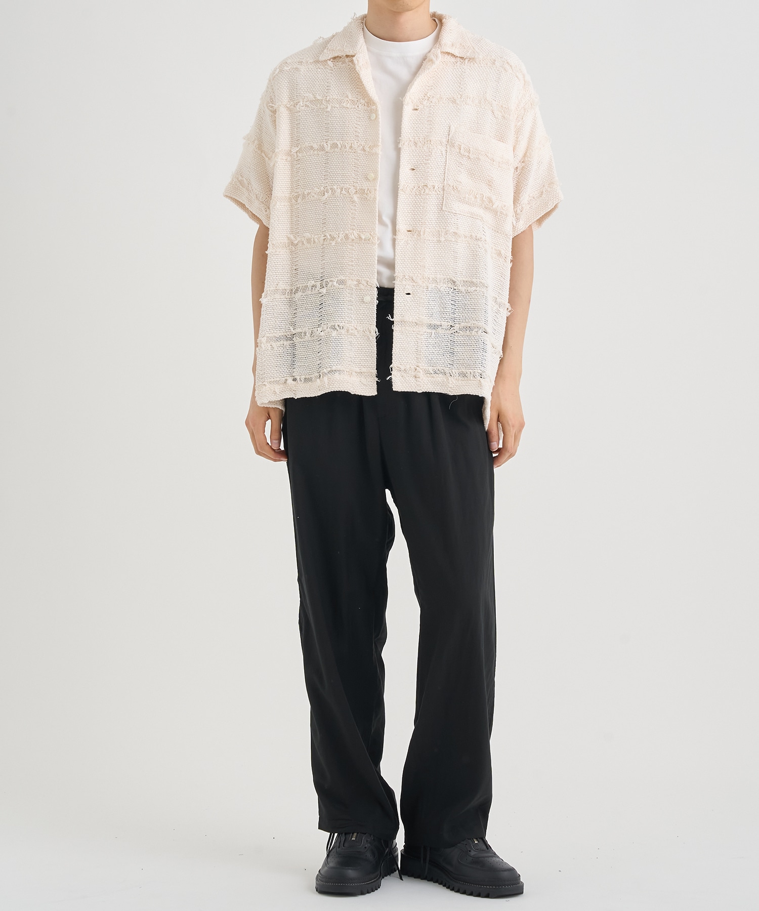 FRINGE CHECK TWEED OPEN COLLAR SHIRT YOKE