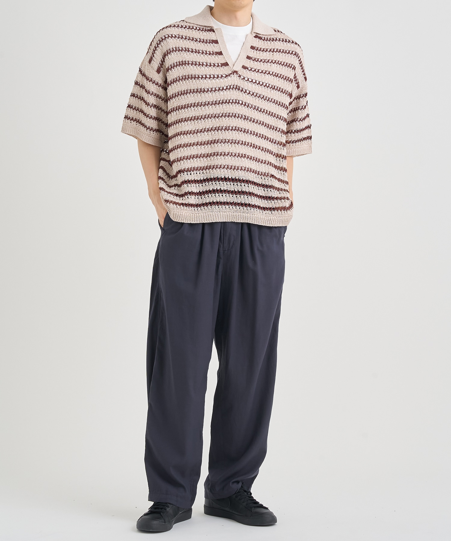 BORDER MESH KNIT SKIPPER POLO SHIRT YOKE
