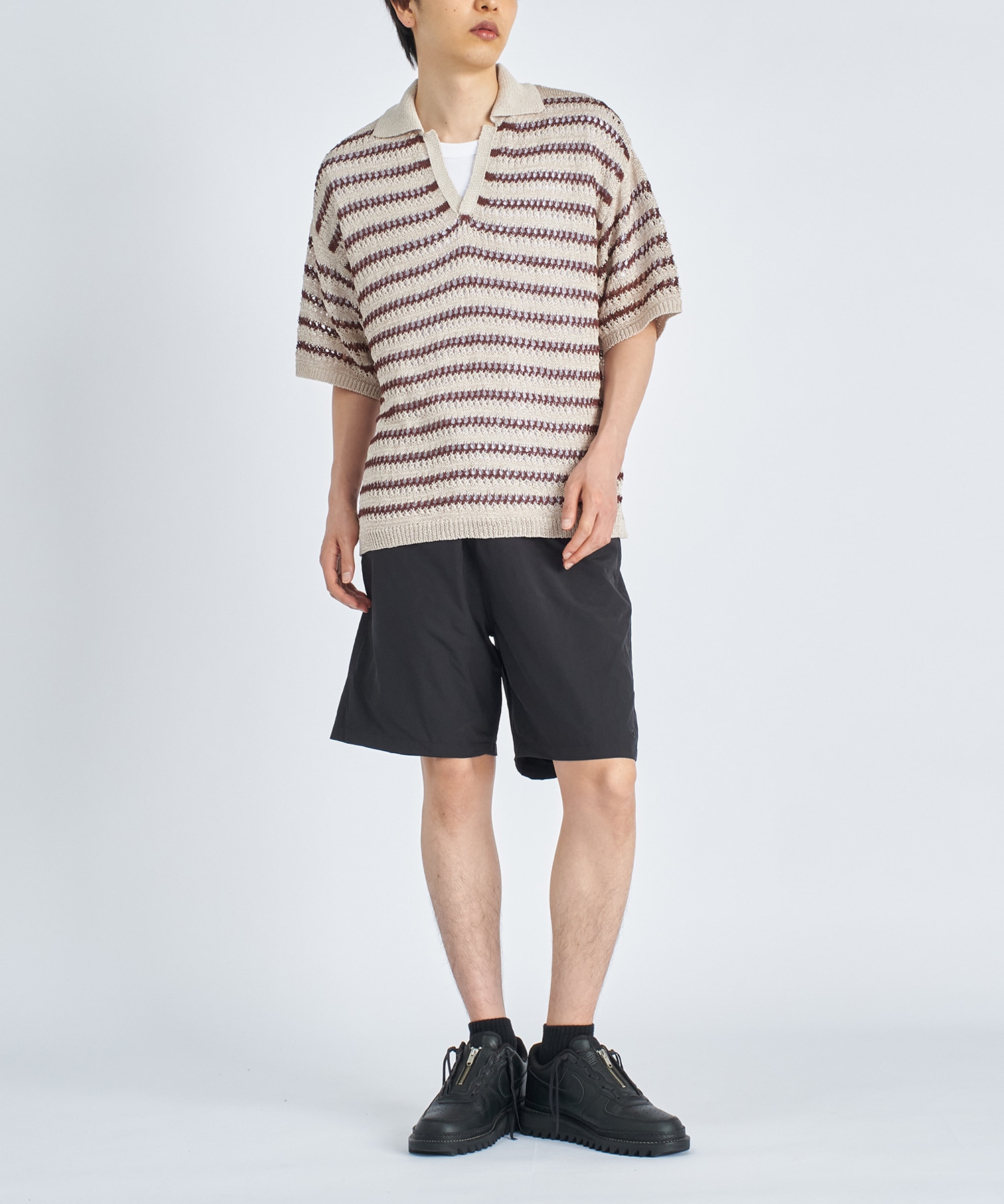 BORDER MESH KNIT SKIPPER POLO SHIRT YOKE