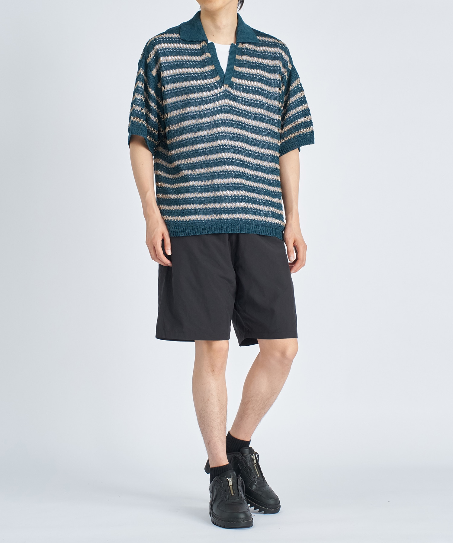 BORDER MESH KNIT SKIPPER POLO SHIRT YOKE