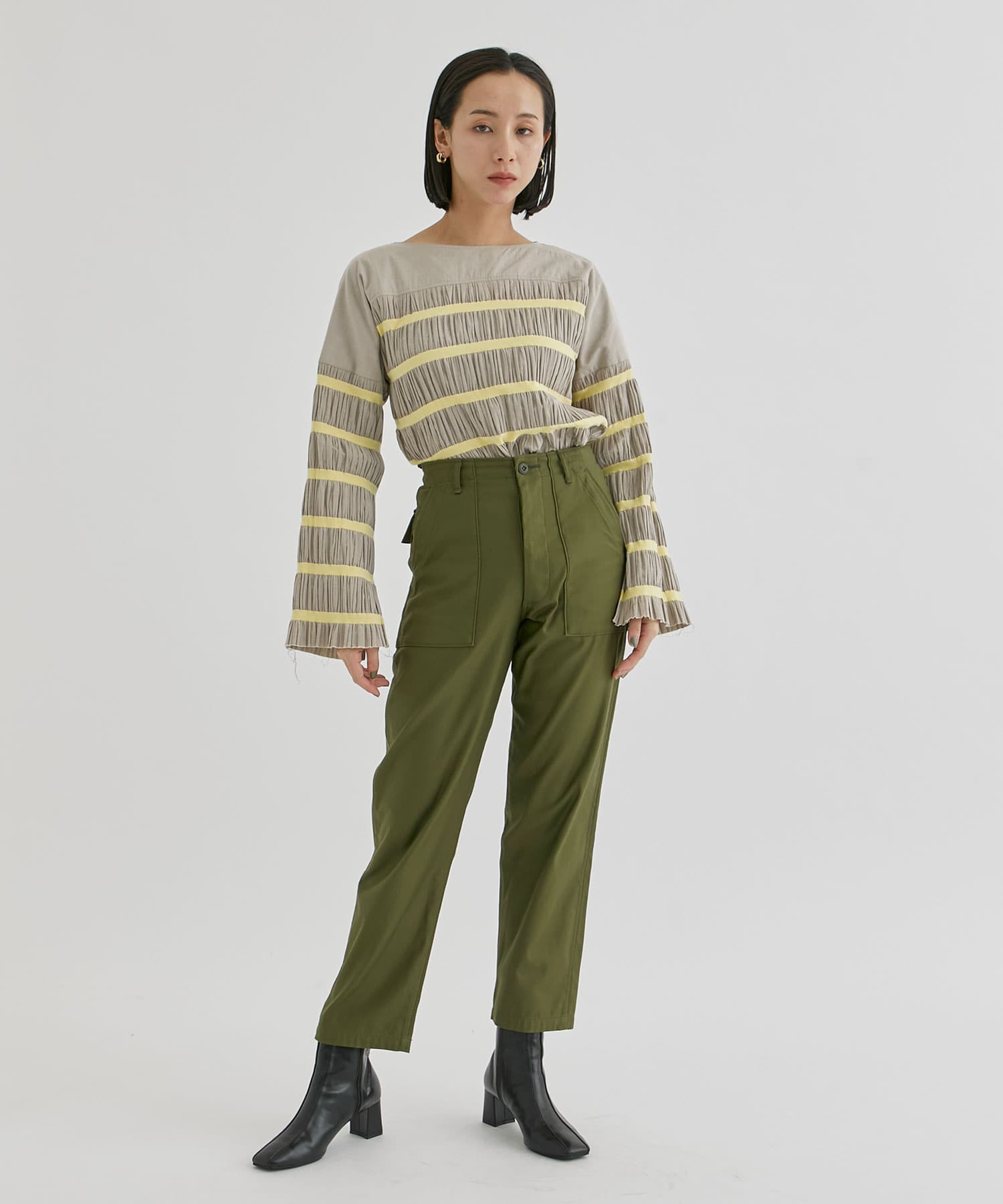 Shirring striped tops pelleq