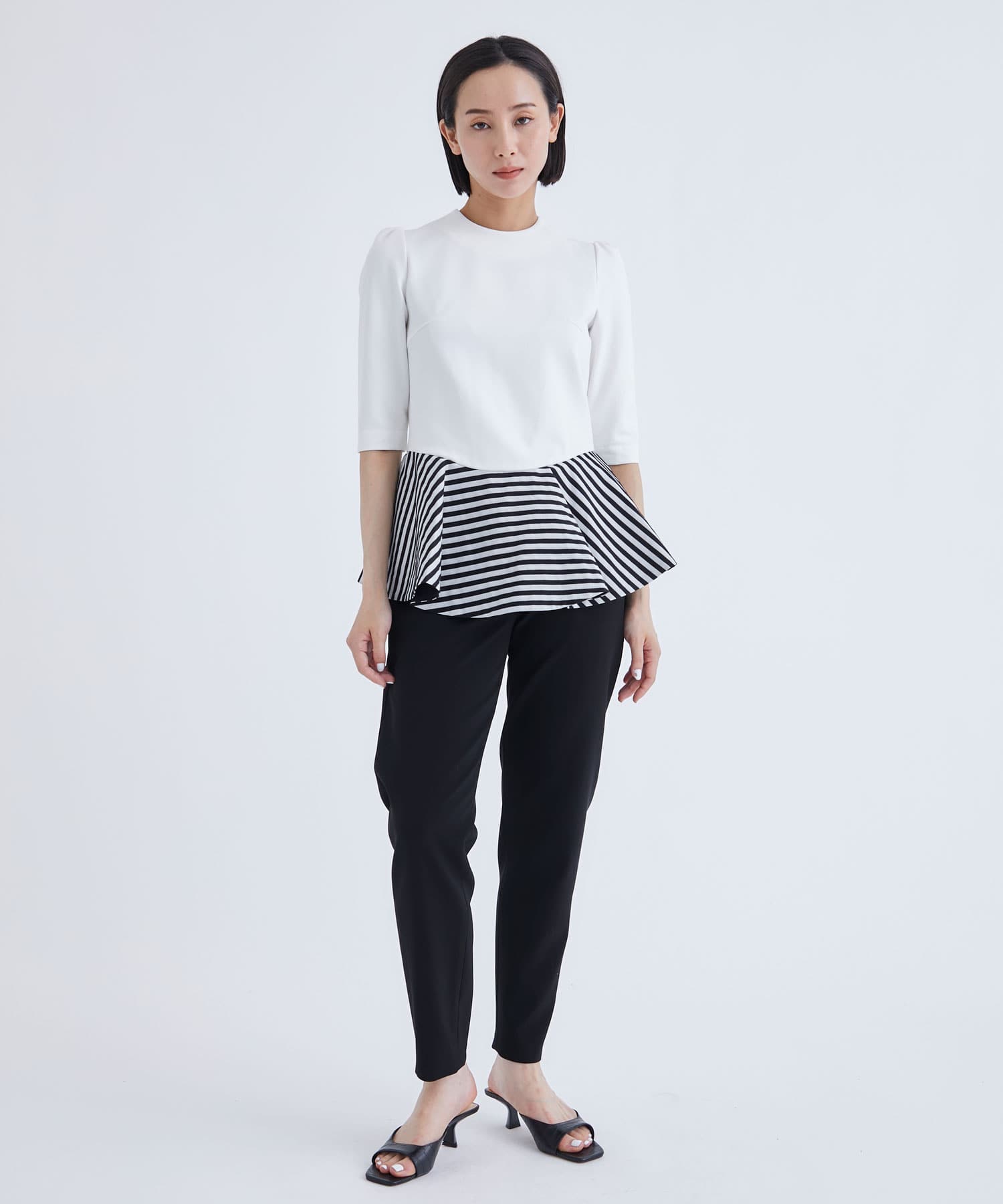 ROUND PEPLUM LONGSLEEVE TOP(36 WHITE): BORDERS at BALCONY: WOMEN