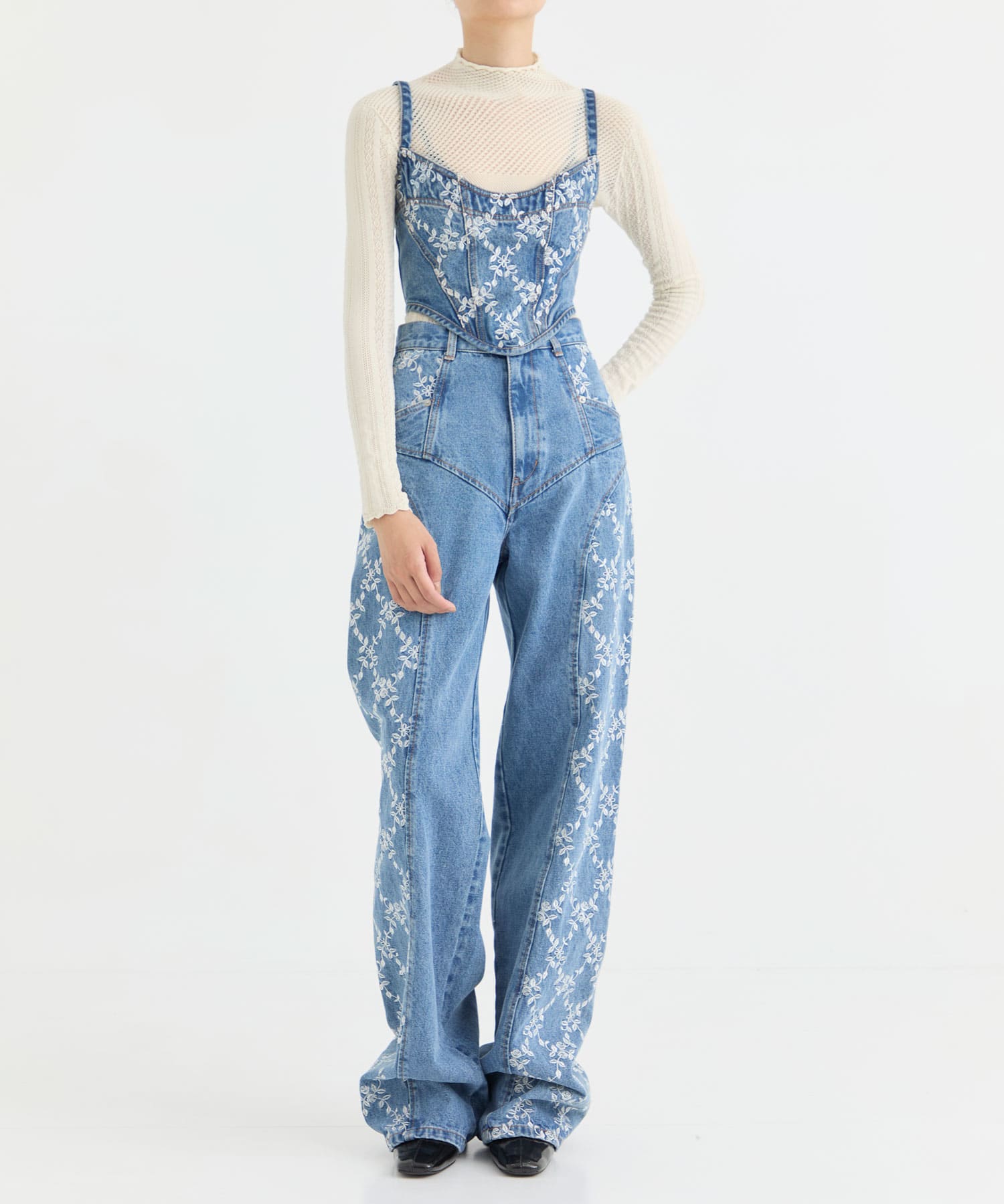 FLOWER EMBROIDERED DENIM BUSTIER FETICO