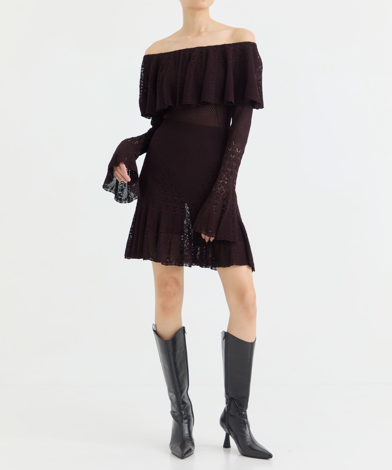 LACE KNIT OFF-SHOULDER MINI DRESS FETICO