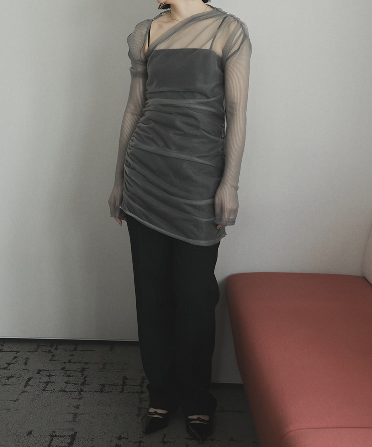 SHEER GATHERED KNIT TOP FETICO