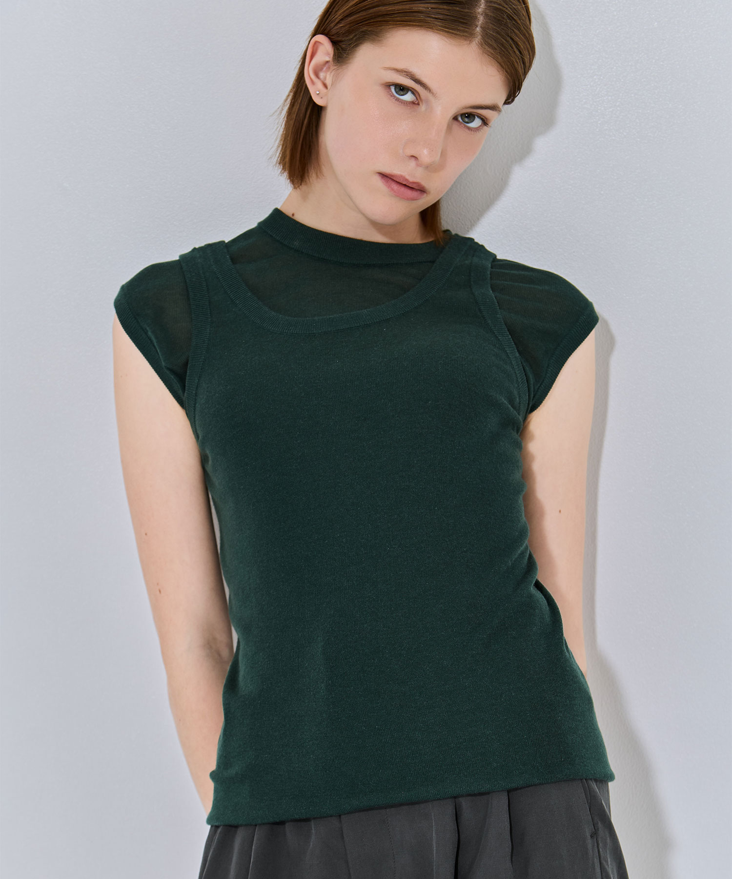 SILK BLENDED CIRCULAR RIB FIT LAYERED TANK TOP ATON
