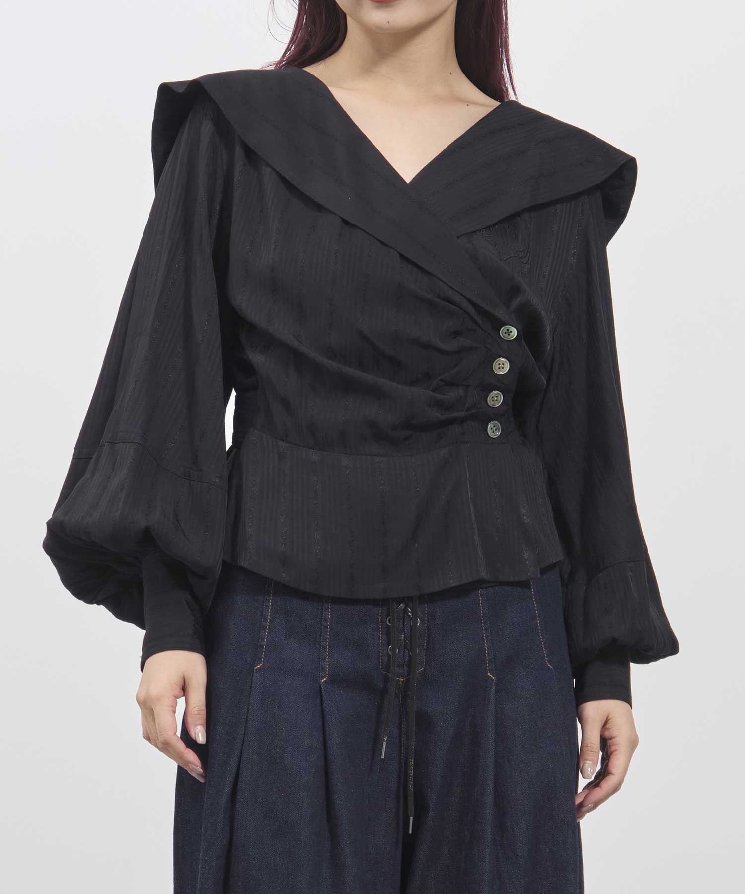 Rose jaquard stripe sailor collar blouse FETICO