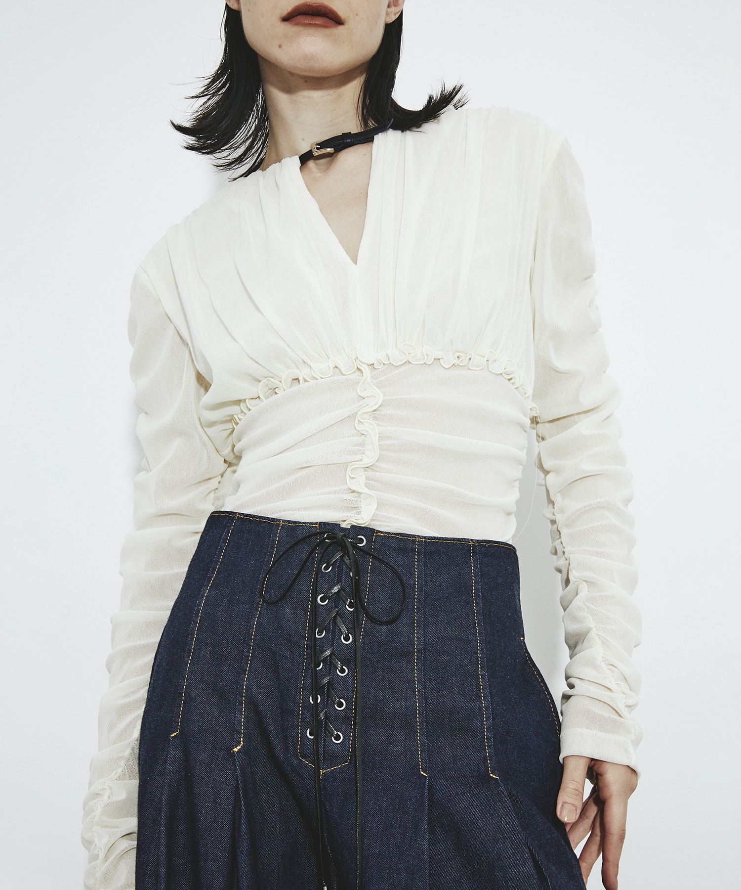 別注 Velvet tulle shirring bodysuit FETICO