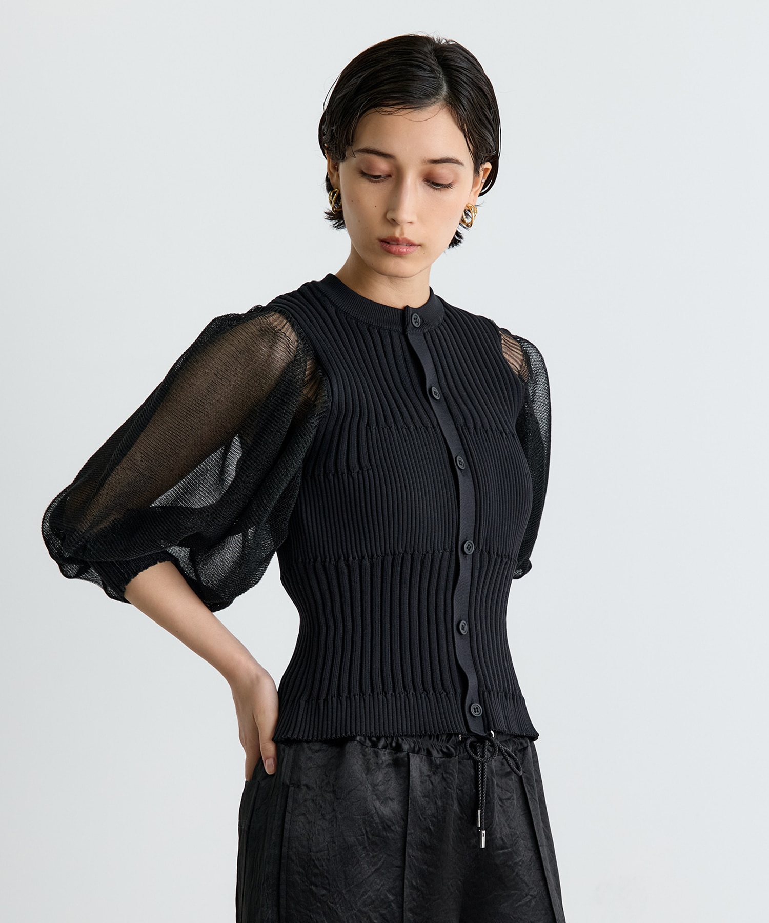 FLUTED LUCENT PUFF SLEEVE CARDIGAN CFCL