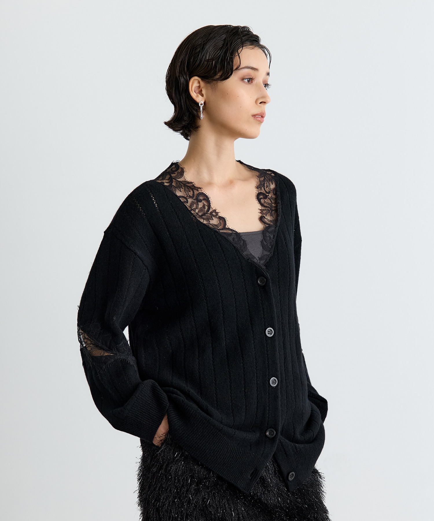 OVERSIZED HAIRY LACE PANELED KNIT CARDIGAN FETICO