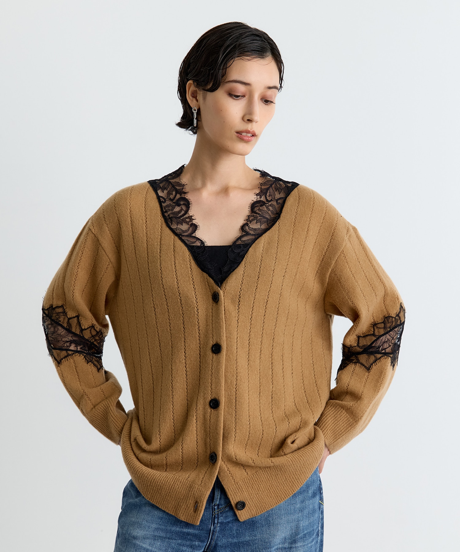 OVERSIZED HAIRY LACE PANELED KNIT CARDIGAN FETICO