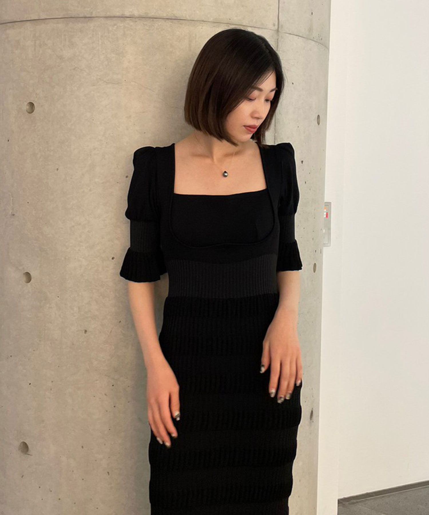 よろしくお願いしますfetico STRIPE KNIT DRESS ブラック