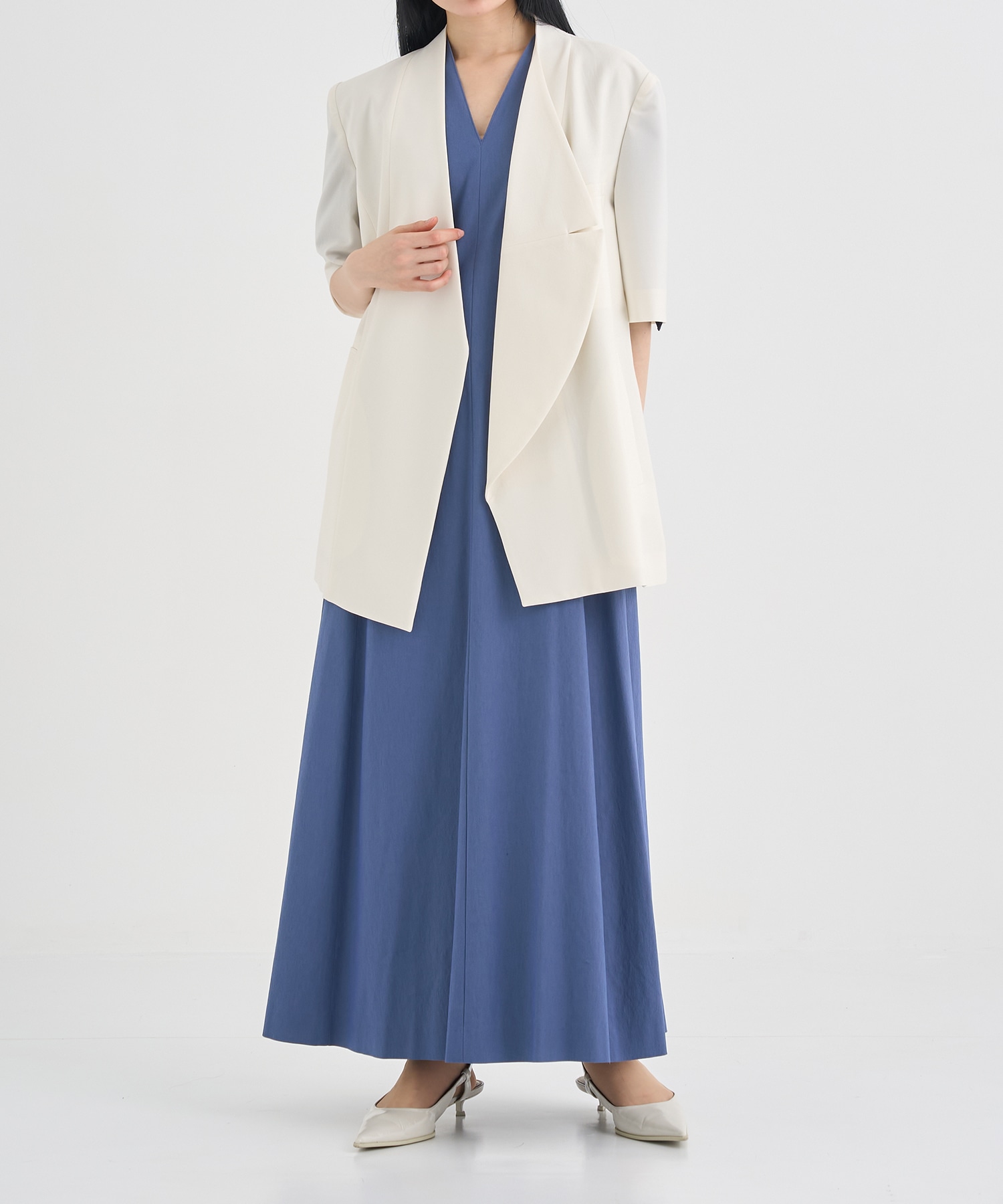 別注 Tamara drape sleeve dress BLU AKIRANAKA