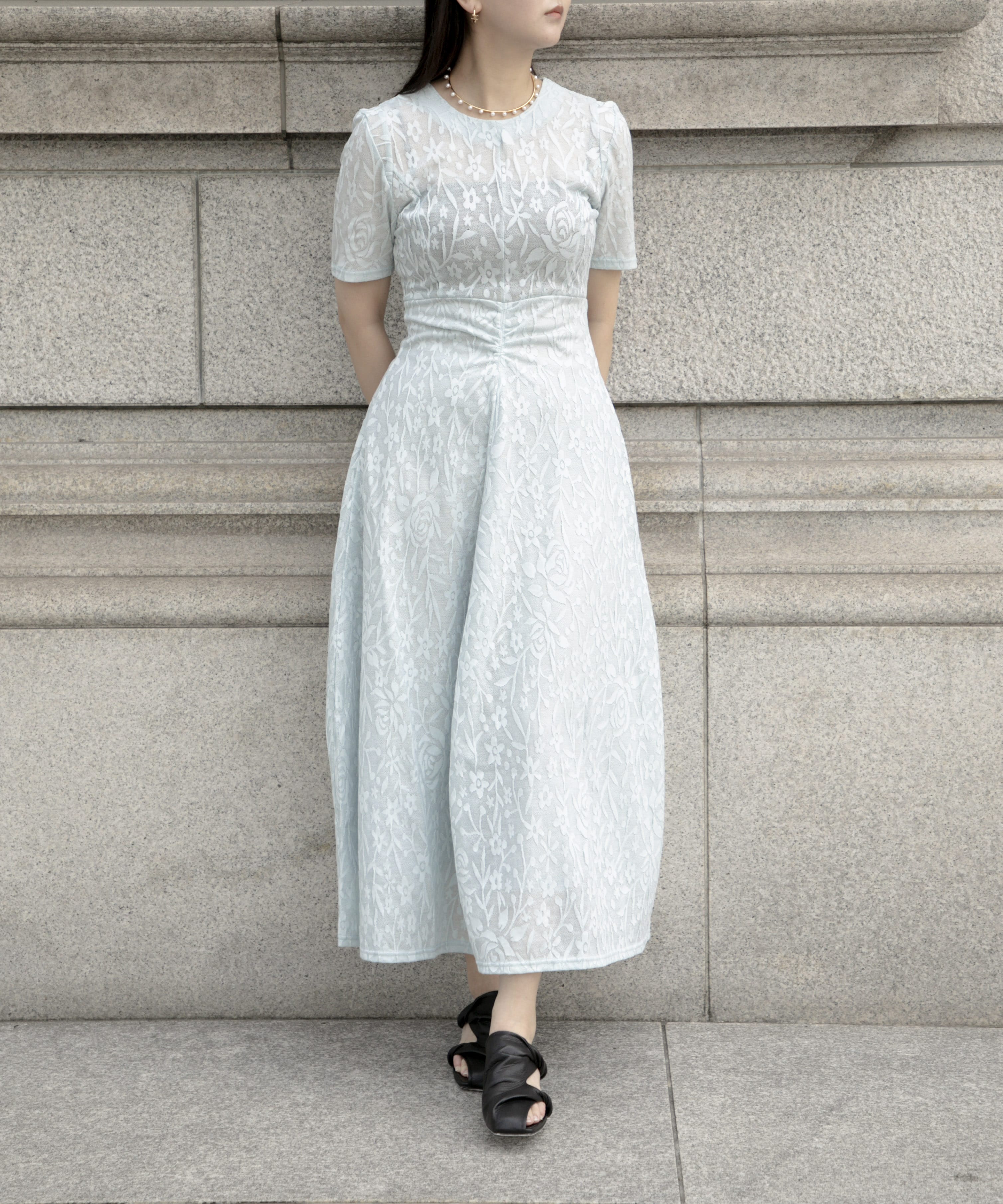 別注 FLOWER JACQUARD SHORT SLEEVE DRESS PHOTOCOPIEU
