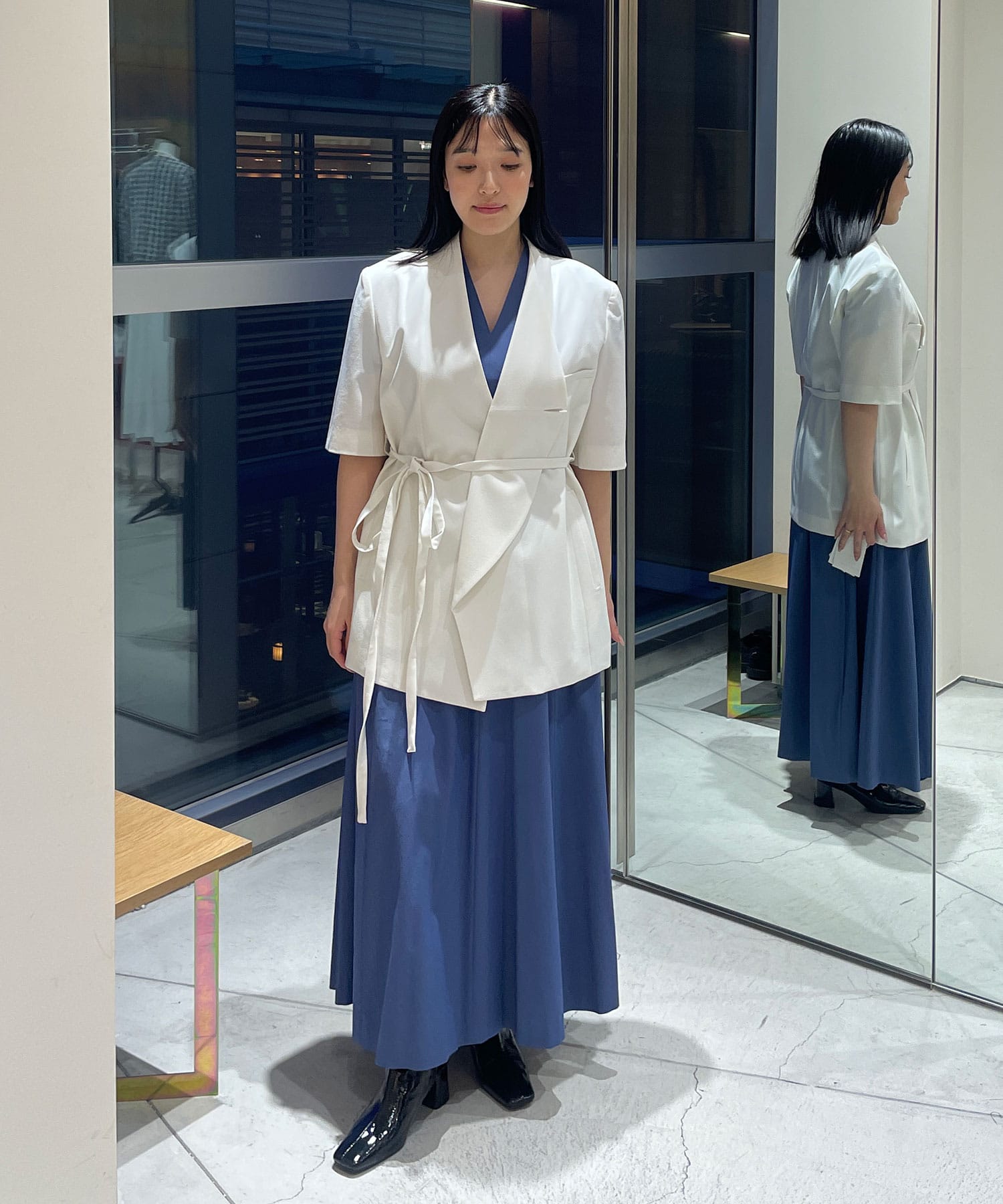 別注 Tamara drape sleeve dress BLU AKIRANAKA