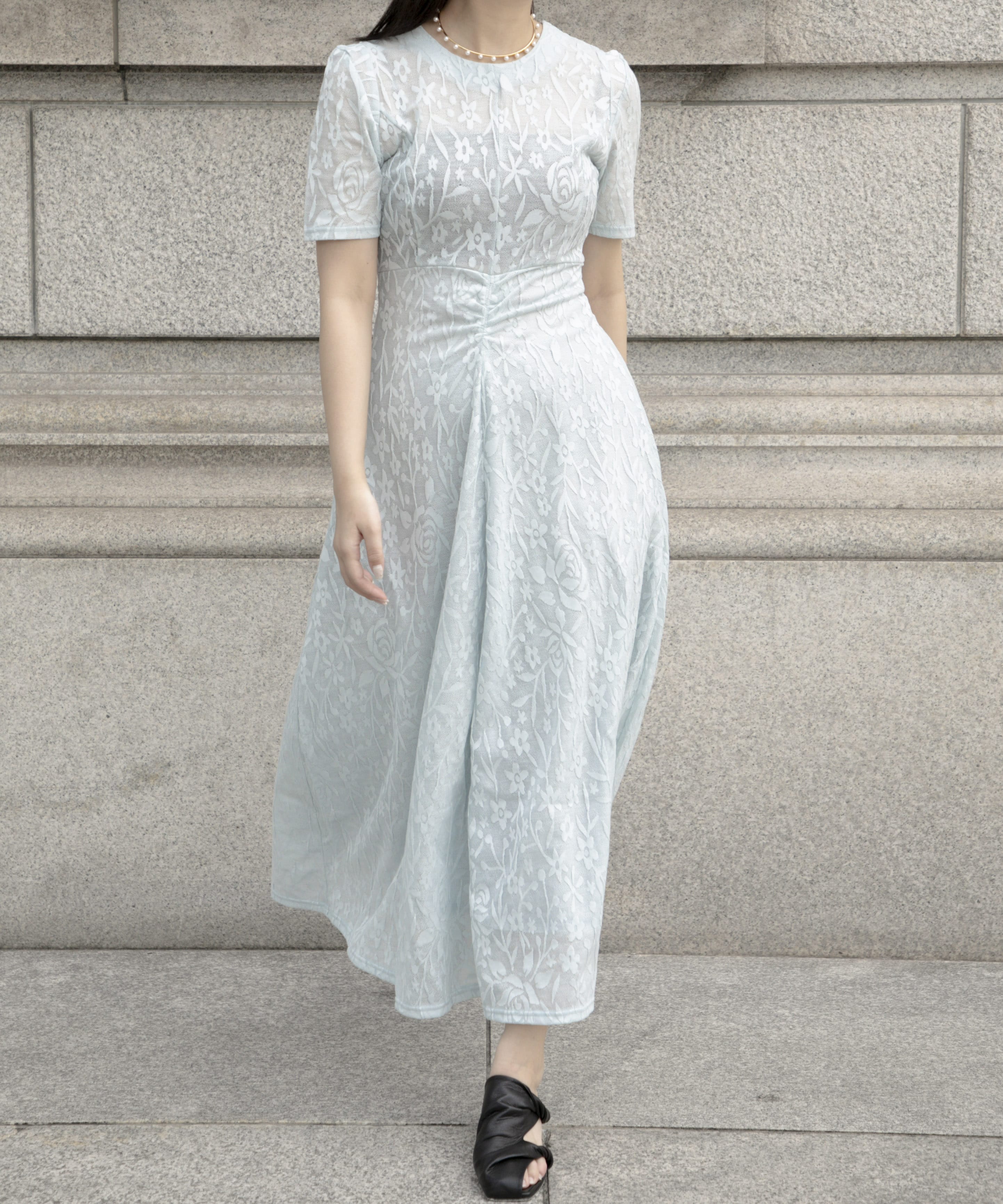 別注 FLOWER JACQUARD SHORT SLEEVE DRESS PHOTOCOPIEU
