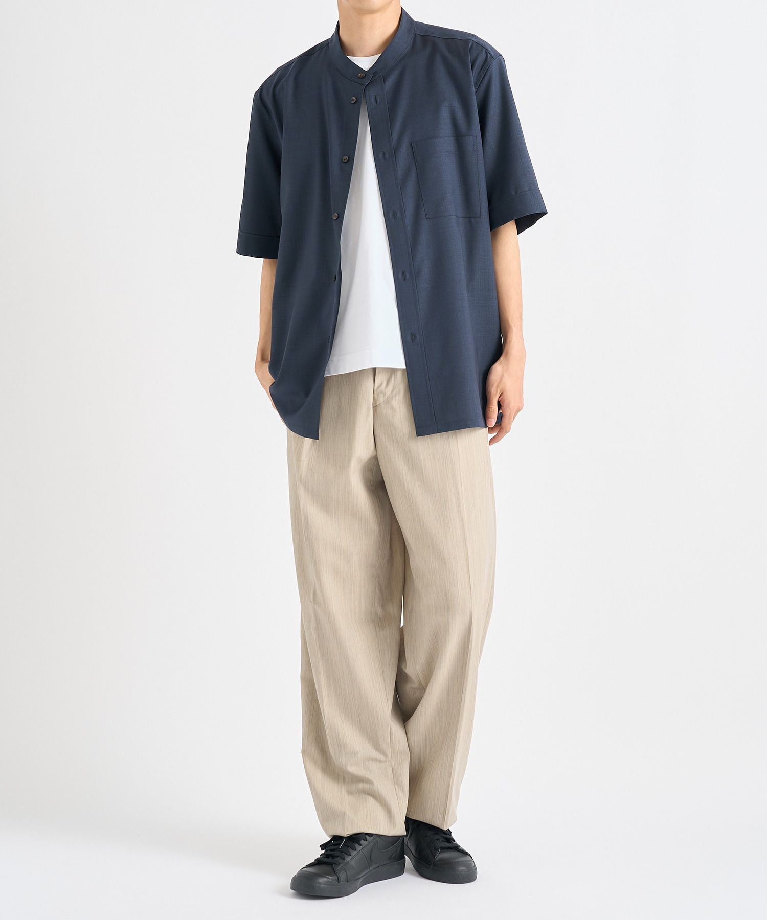 Active Washable Wool Band Collar S/S Shirt THE TOKYO