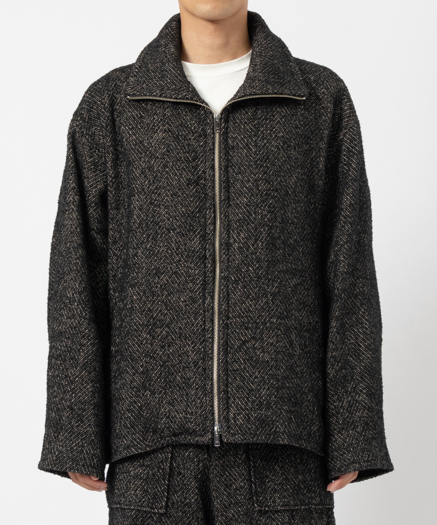 TWEED STAND COLLAR ZIP BLOUSON YOKE