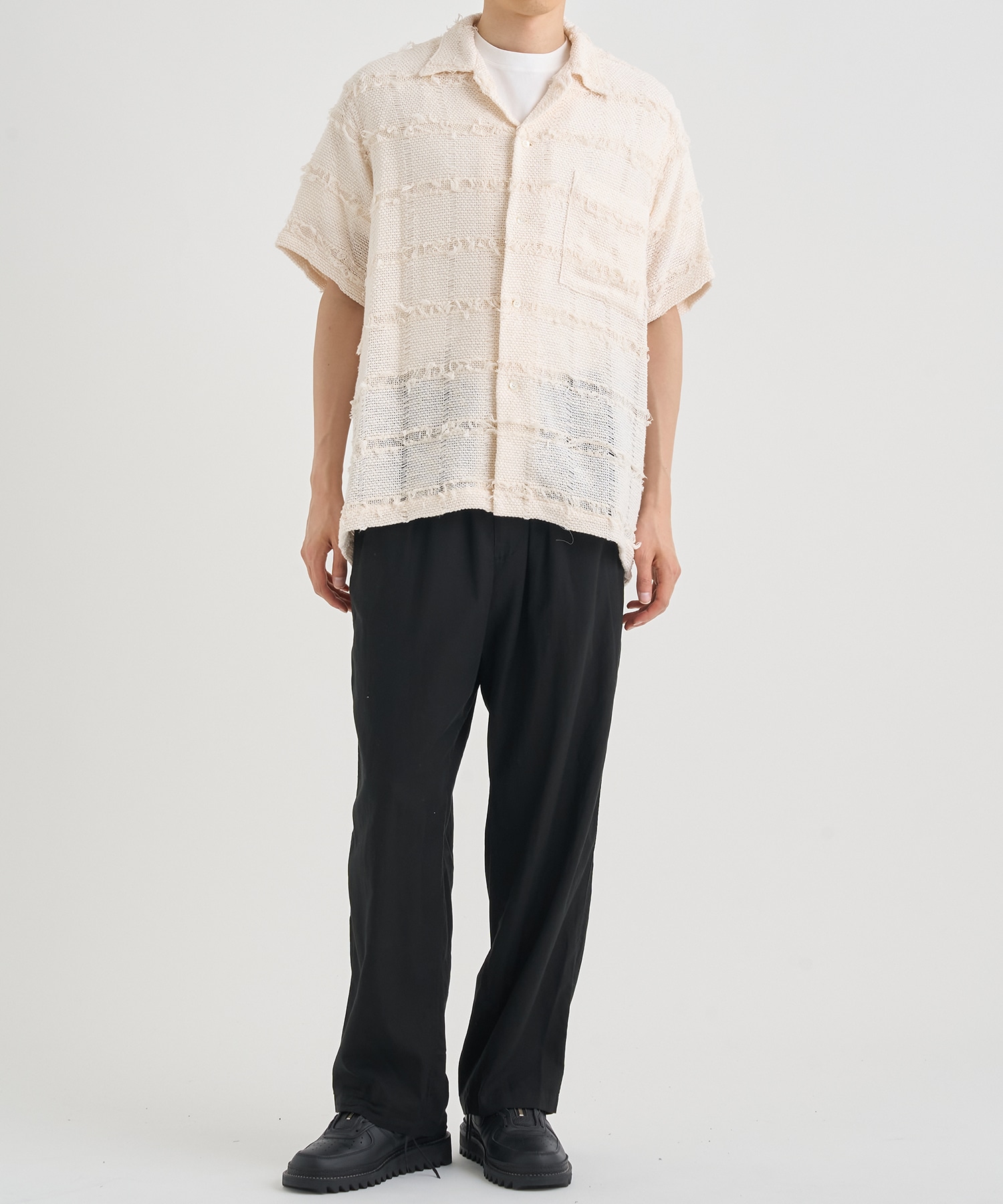 FRINGE CHECK TWEED OPEN COLLAR SHIRT YOKE