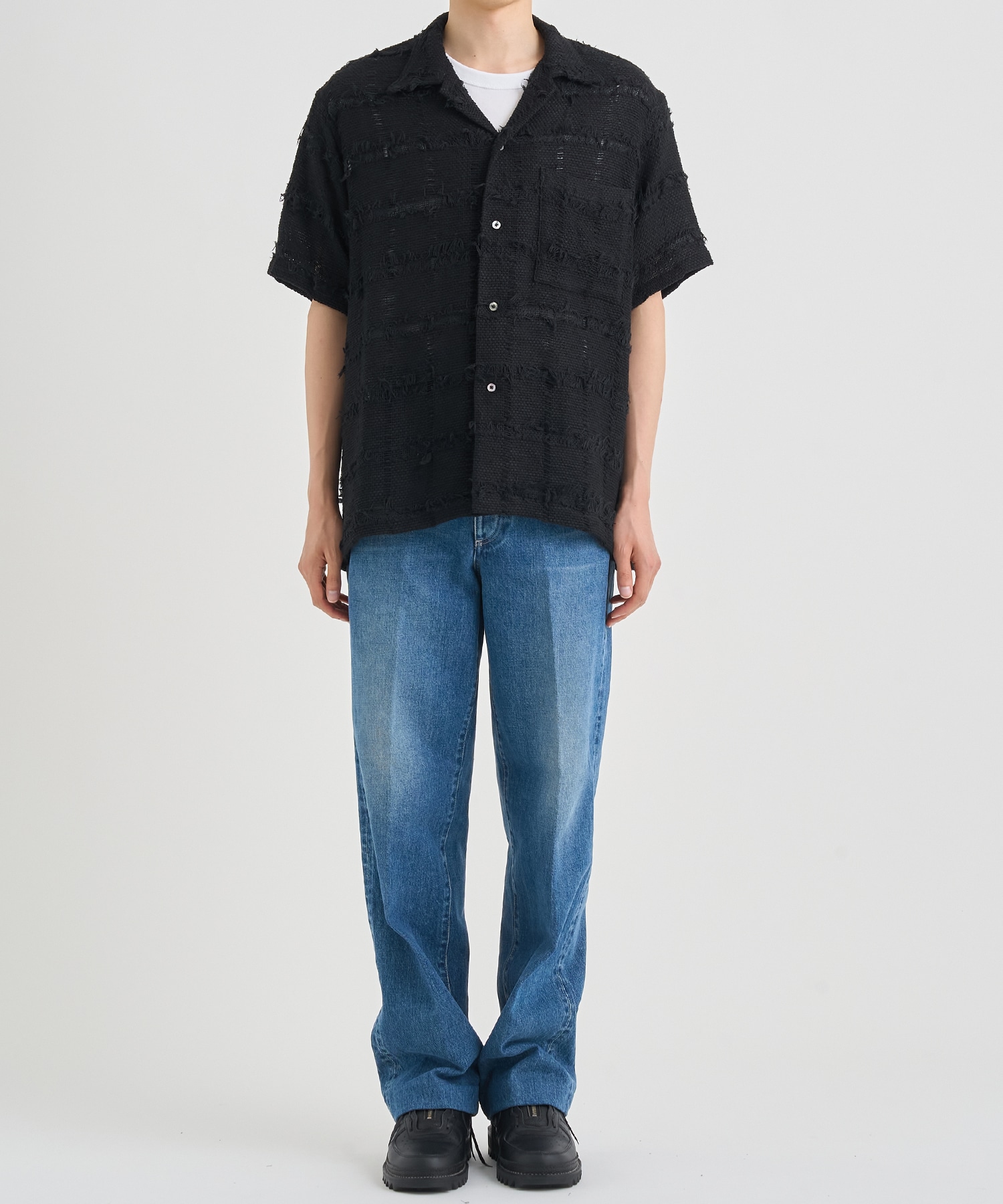FRINGE CHECK TWEED OPEN COLLAR SHIRT YOKE