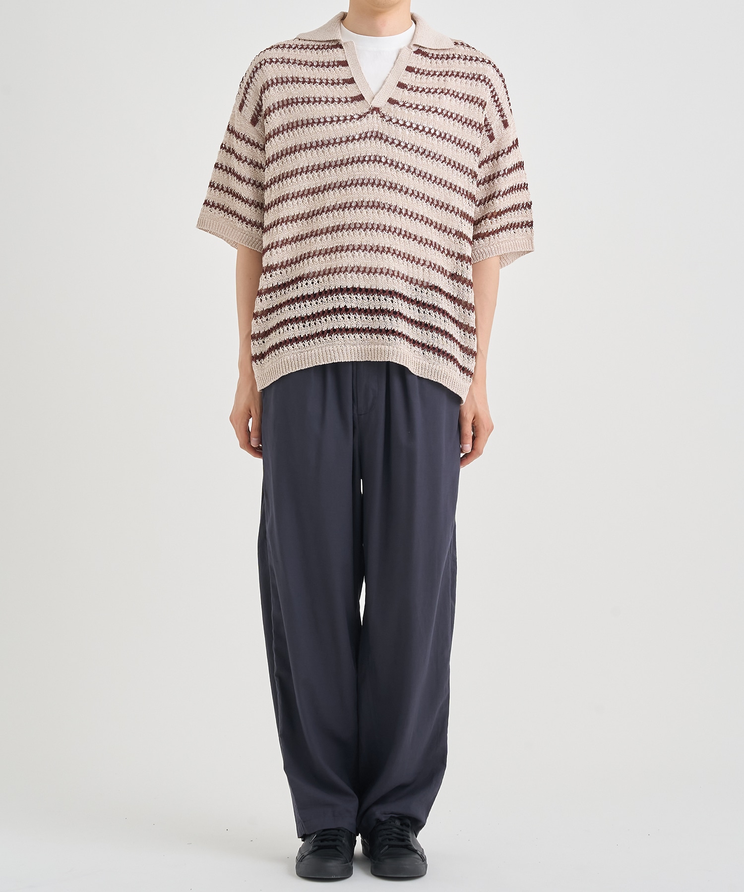 BORDER MESH KNIT SKIPPER POLO SHIRT YOKE