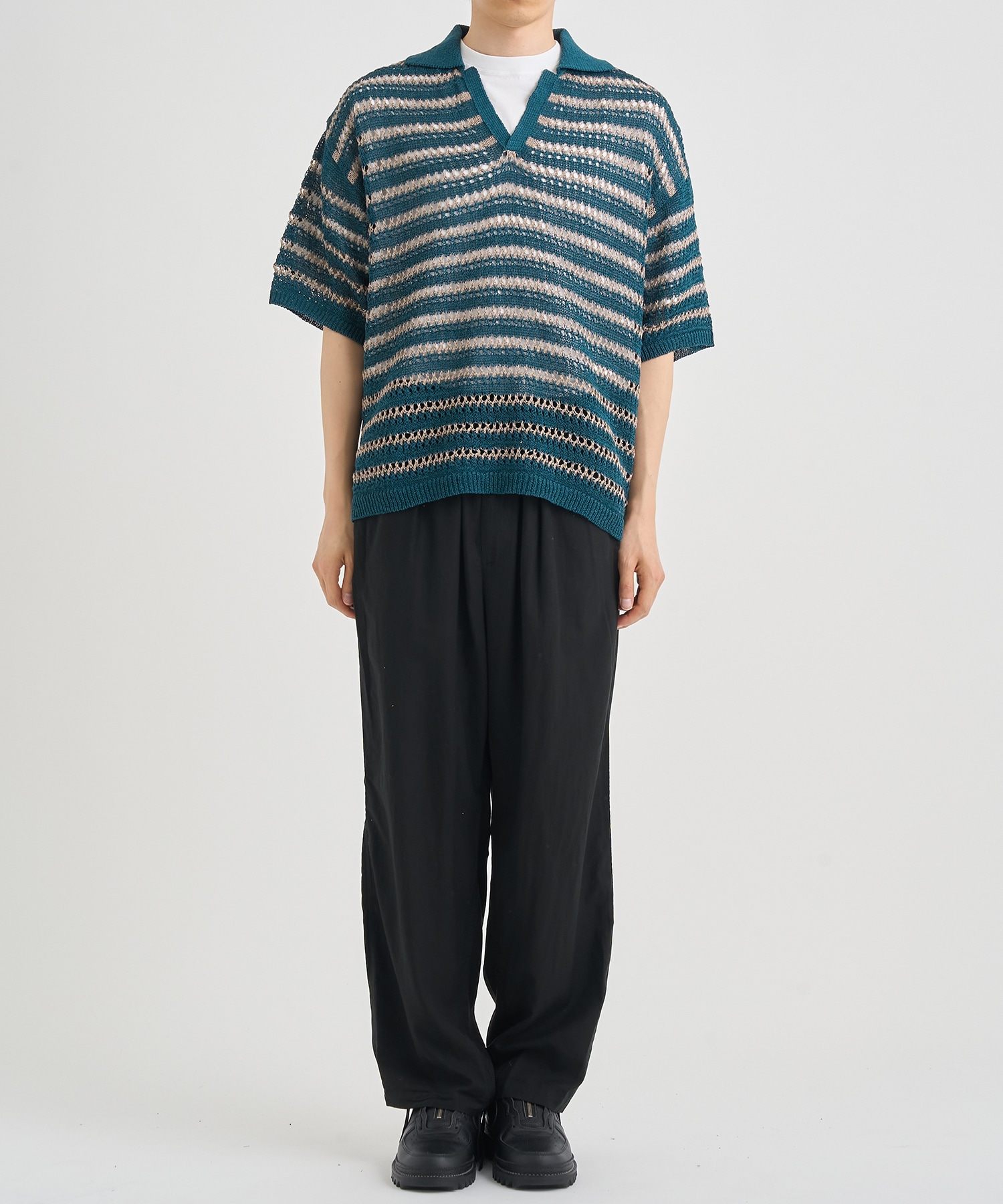 BORDER MESH KNIT SKIPPER POLO SHIRT YOKE