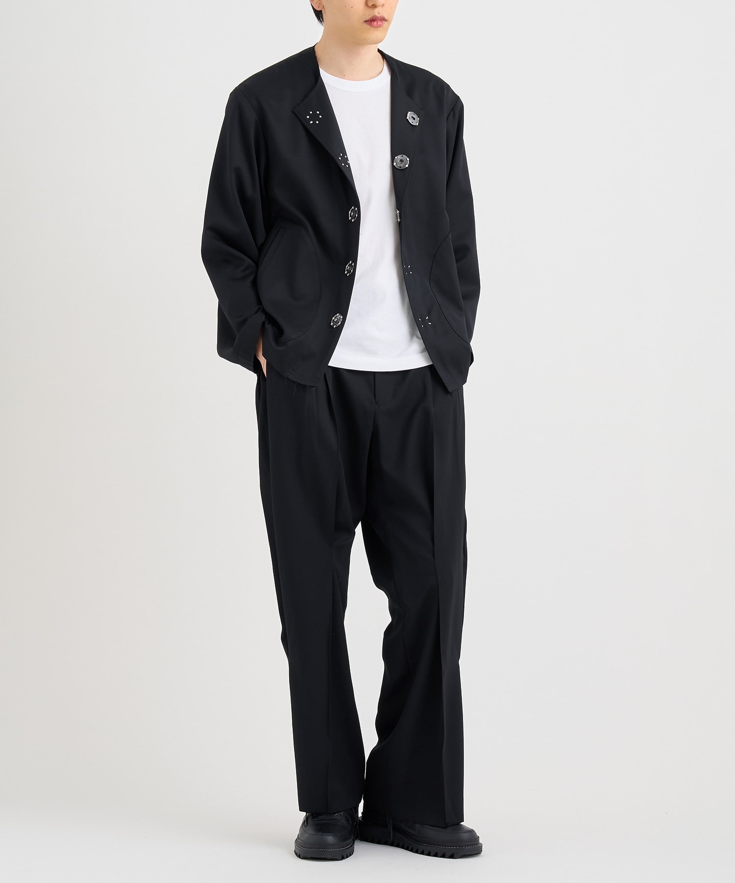 No-collar wool gabardine jacket 