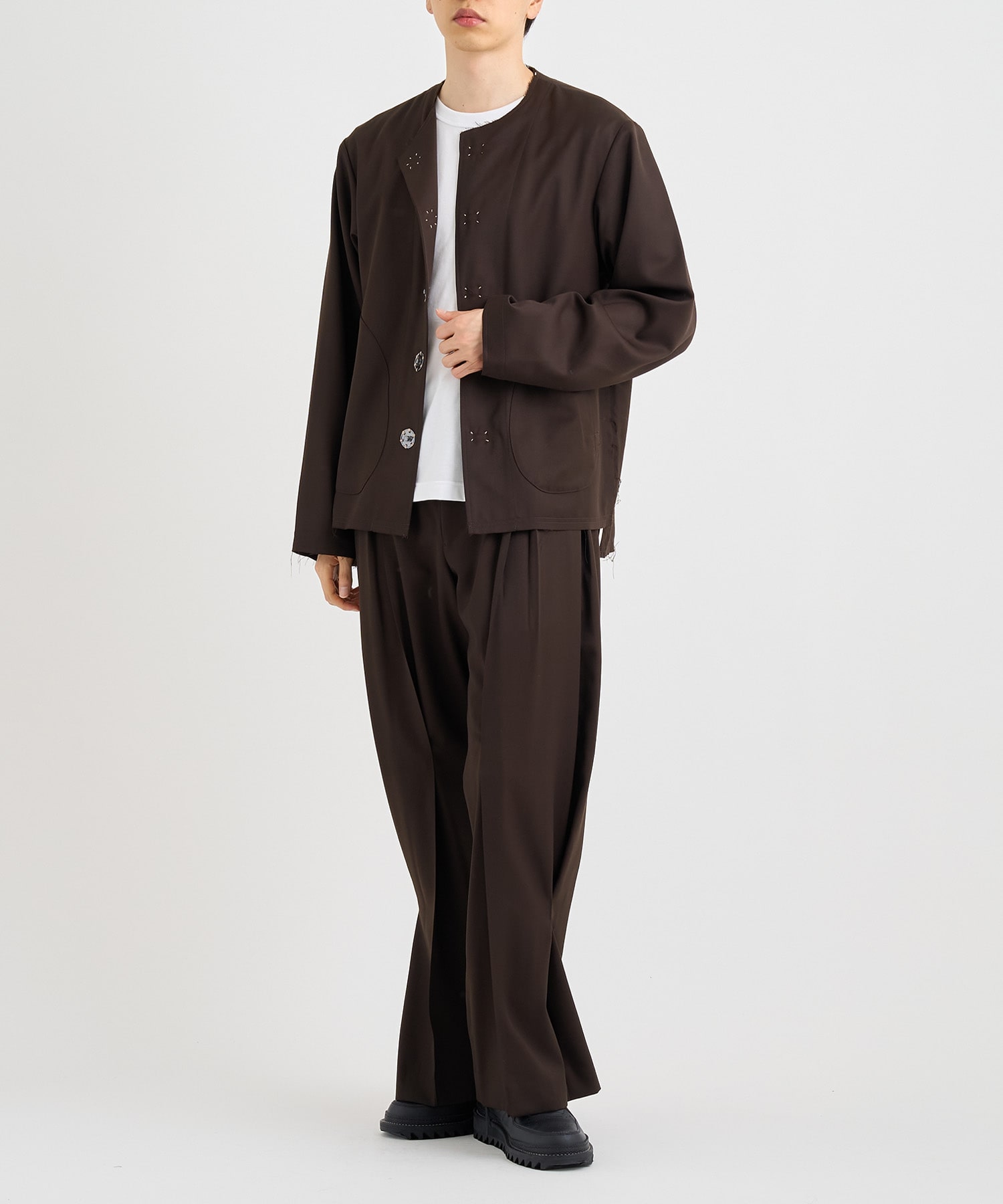 No-collar wool gabardine jacket 