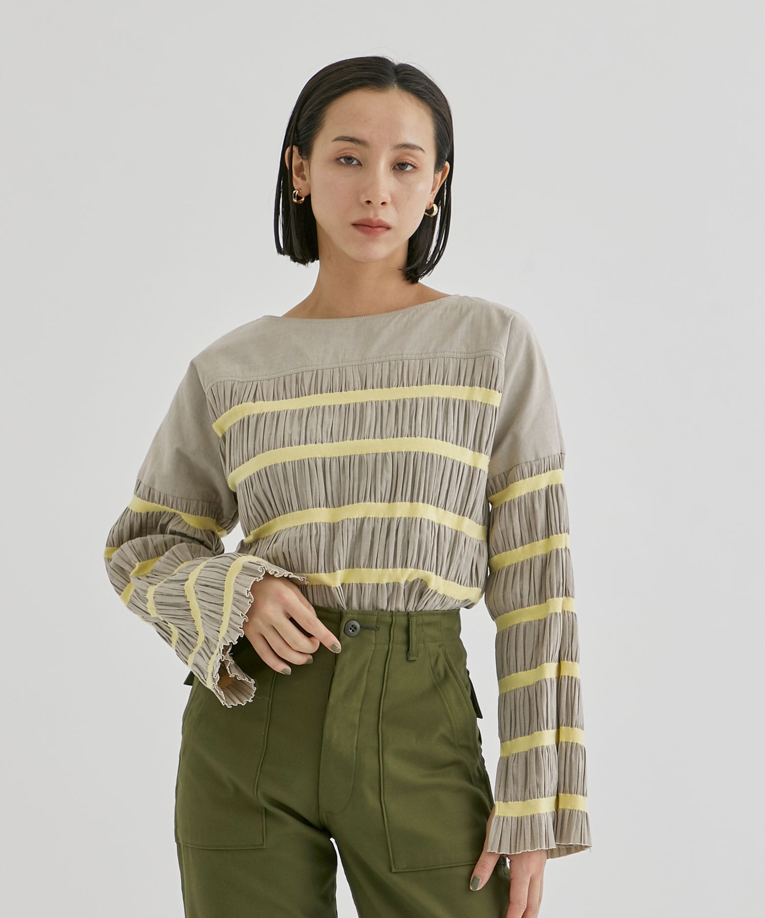 Shirring striped tops pelleq