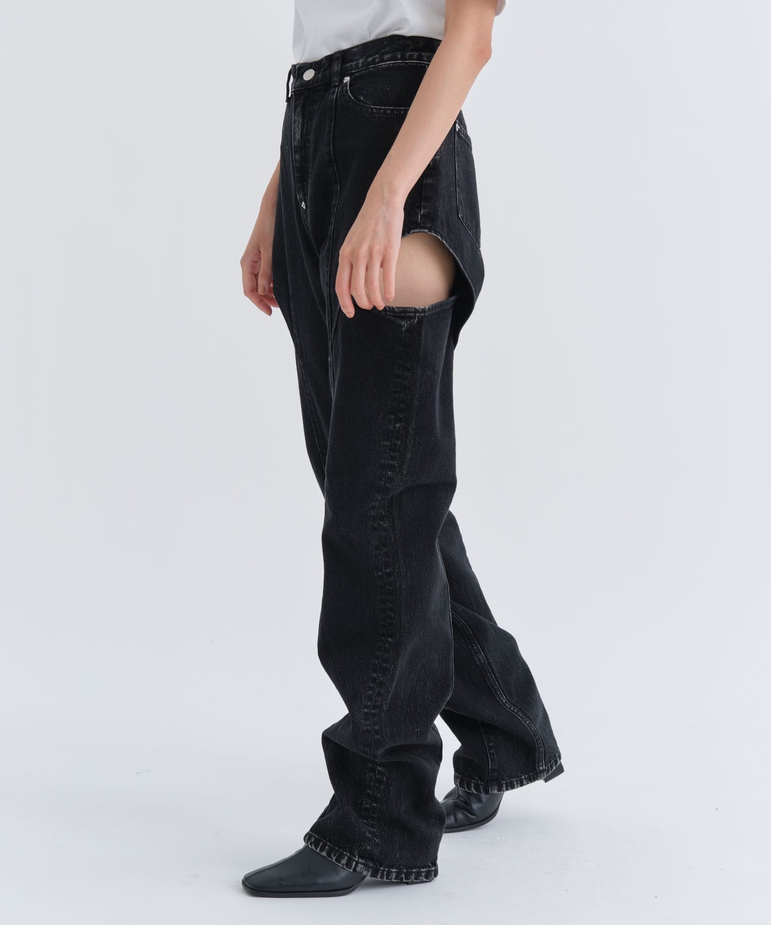 WASHED DENIM HOLLOWED OUT PANTS(XS BLACK): JOHN LAWRENCE SULLIVAN