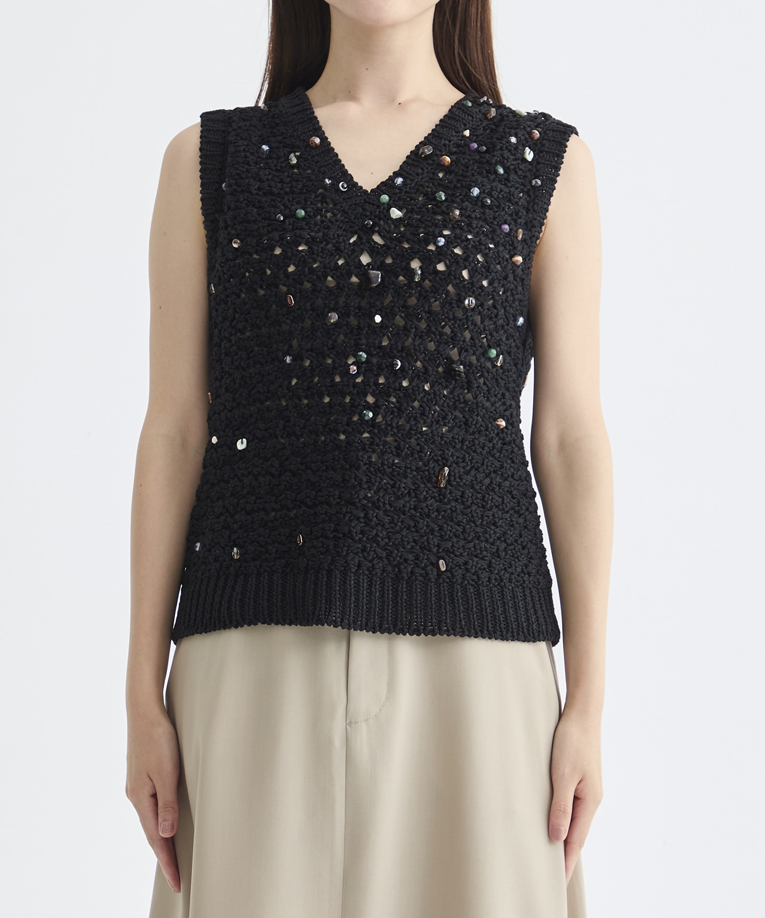 Gerda glass beads&ores knit PO BK AKIRANAKA