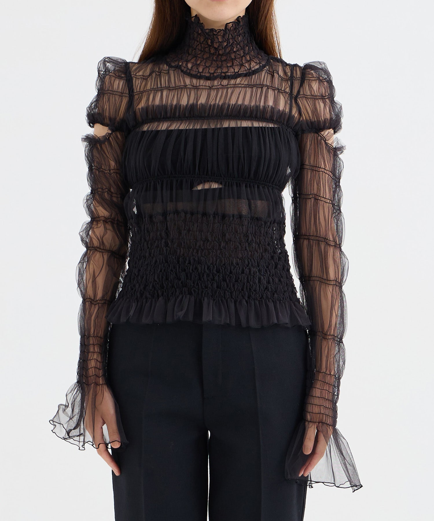 TULLE SHIRRED HIGHNECK BLOUSE FETICO