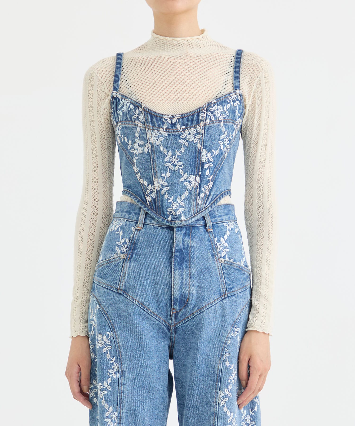 FLOWER EMBROIDERED DENIM BUSTIER FETICO