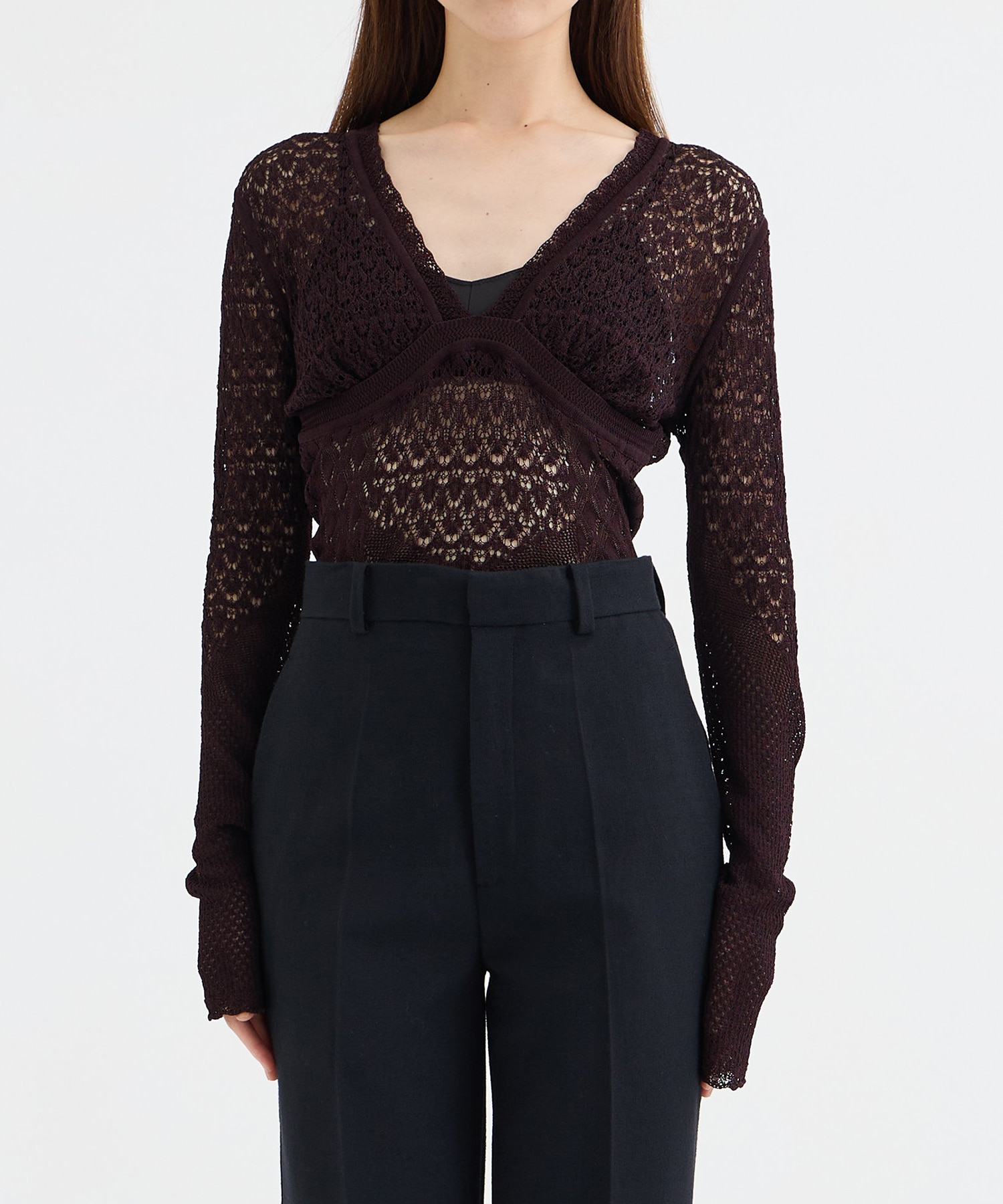 LACE KNIT V-NECK BODYSUITS FETICO