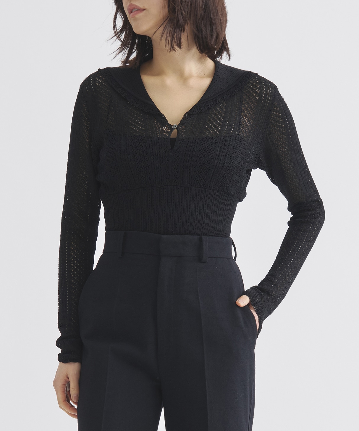 LACE KNIT SAILOR COLLAR BODYSUIT(1 BLACK): FETICO: WOMENS