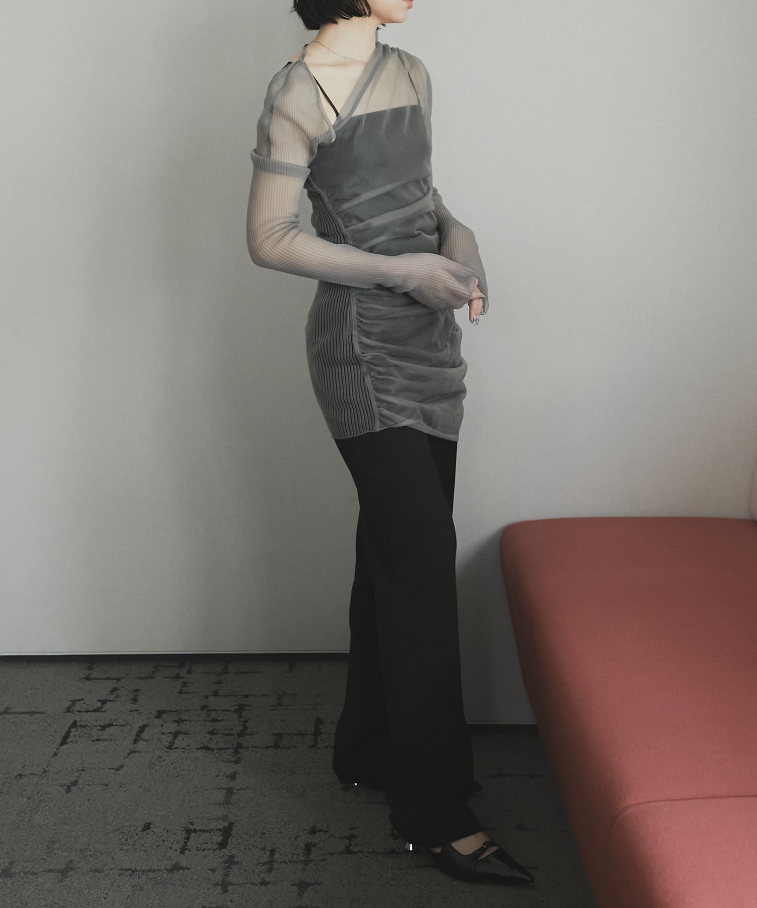 SHEER GATHERED KNIT TOP FETICO