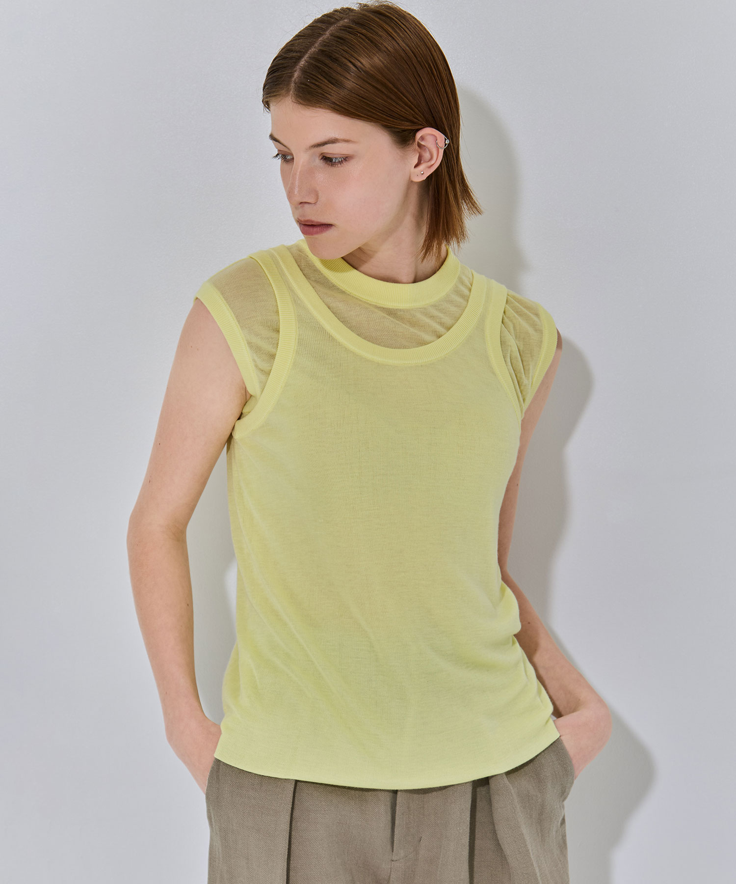 SILK BLENDED CIRCULAR RIB FIT LAYERED TANK TOP ATON