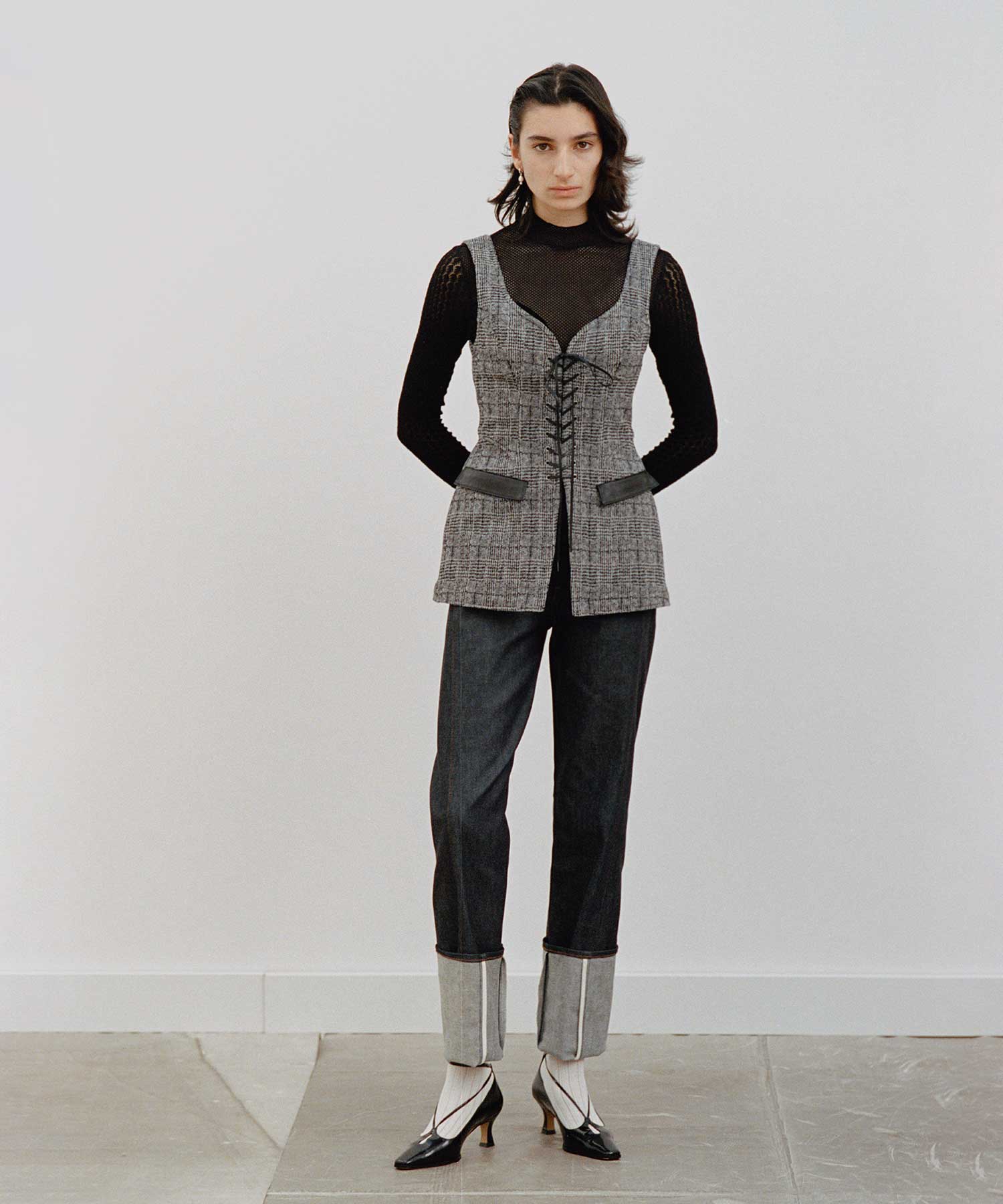 Glen check lace-up vest FETICO