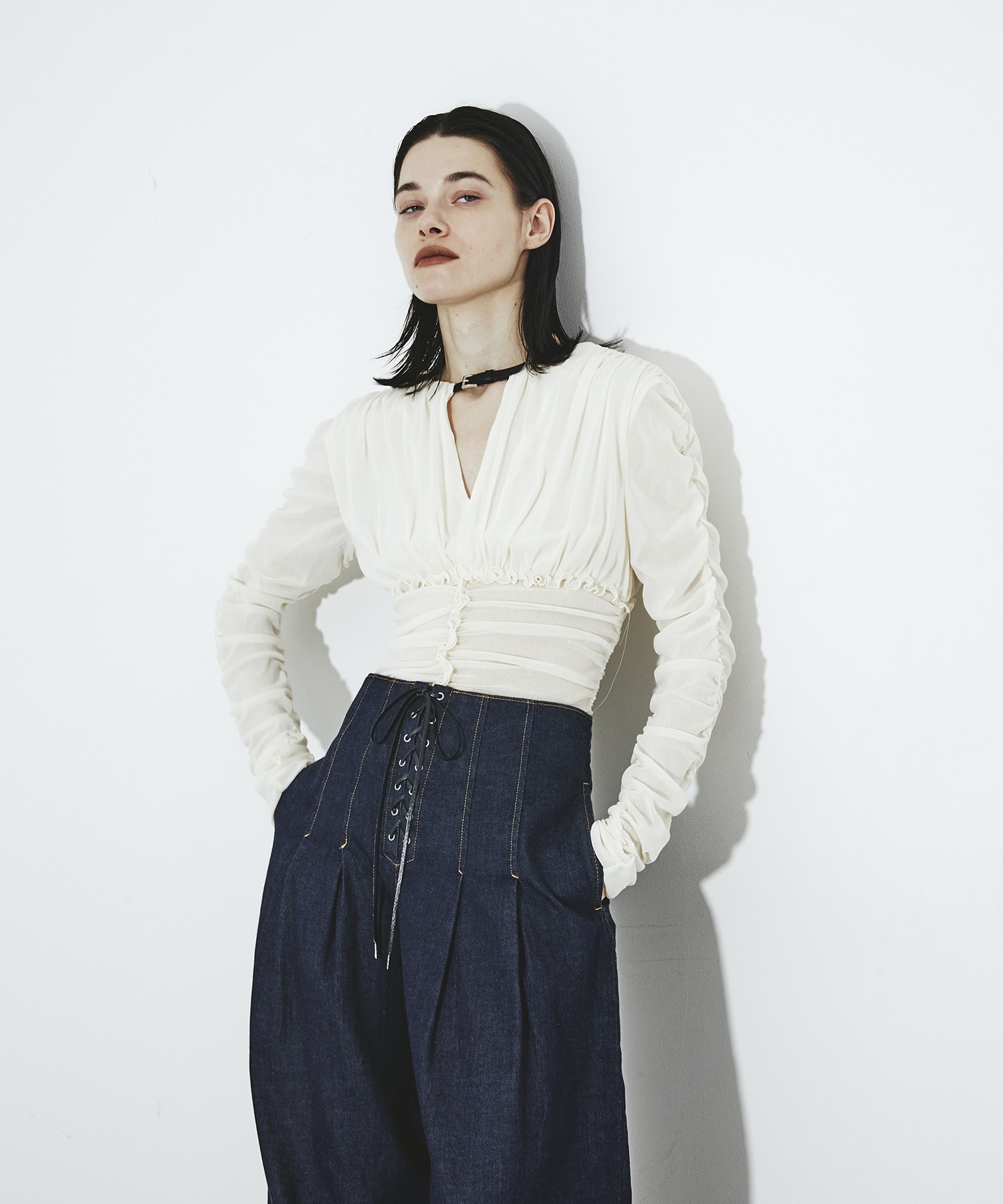 別注 Velvet tulle shirring bodysuit FETICO