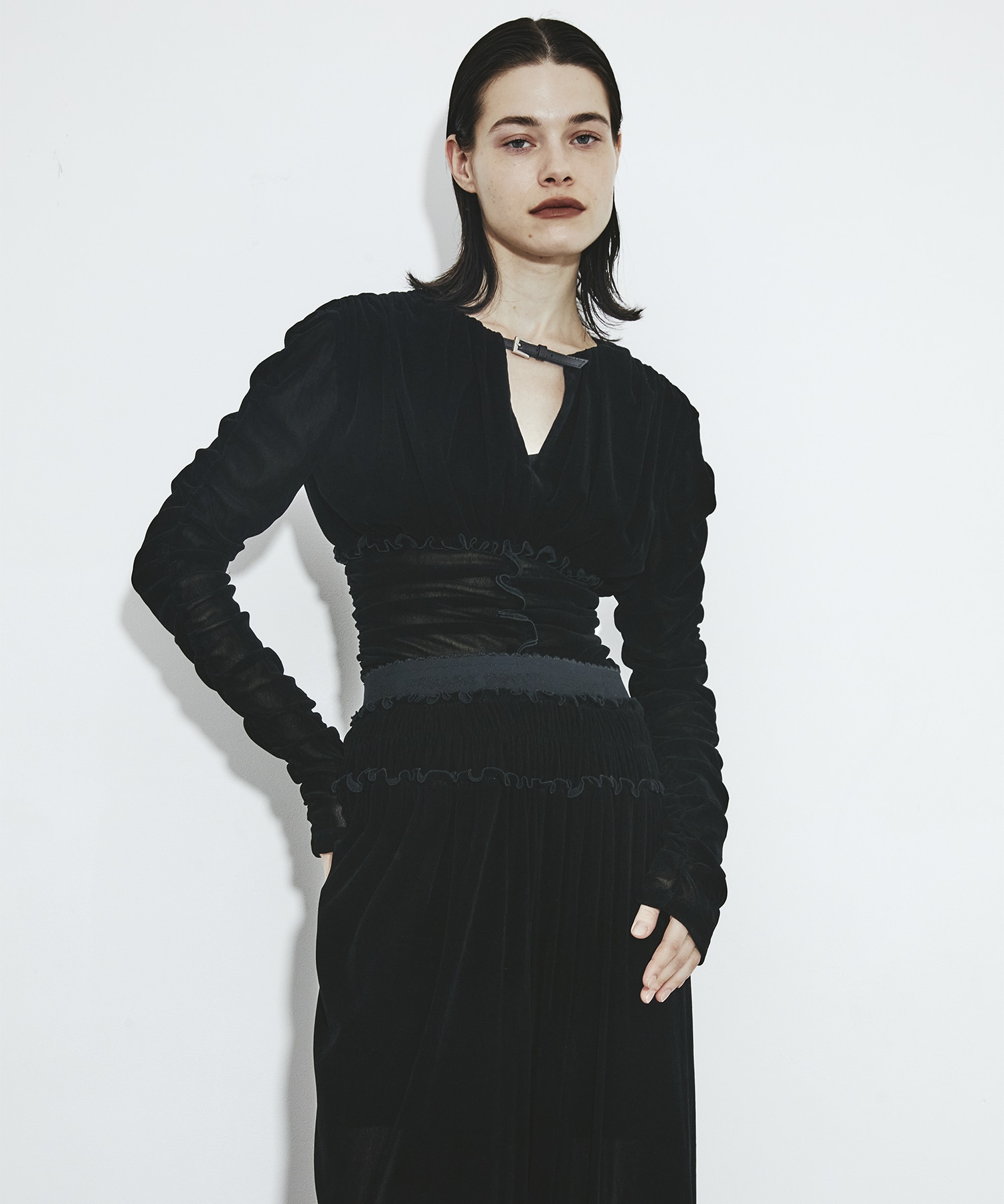 別注 Velvet tulle shirring wide pants FETICO