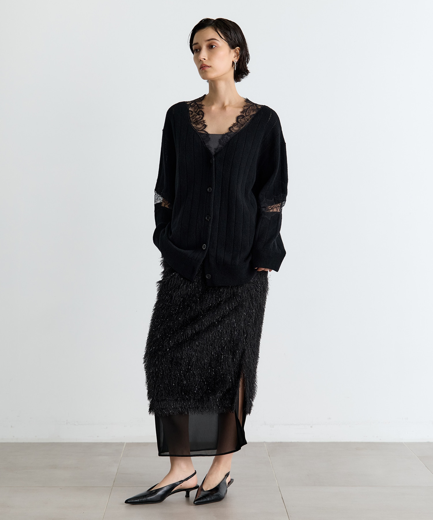 OVERSIZED HAIRY LACE PANELED KNIT CARDIGAN FETICO