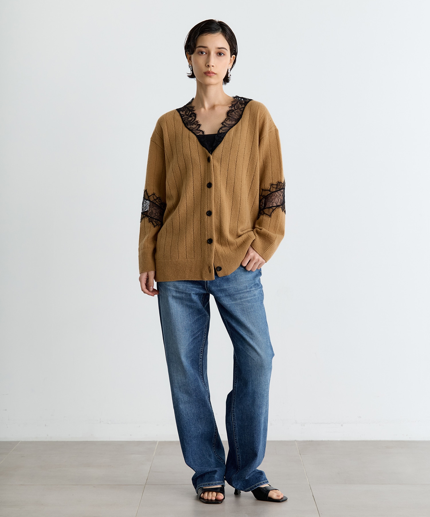 OVERSIZED HAIRY LACE PANELED KNIT CARDIGAN FETICO
