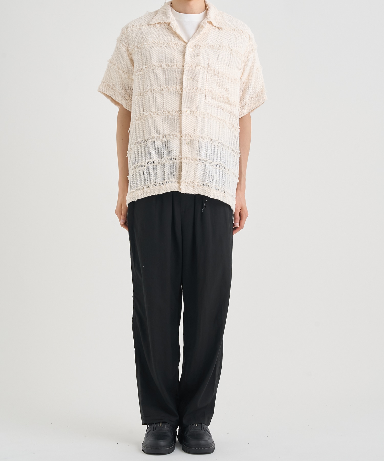 FRINGE CHECK TWEED OPEN COLLAR SHIRT YOKE